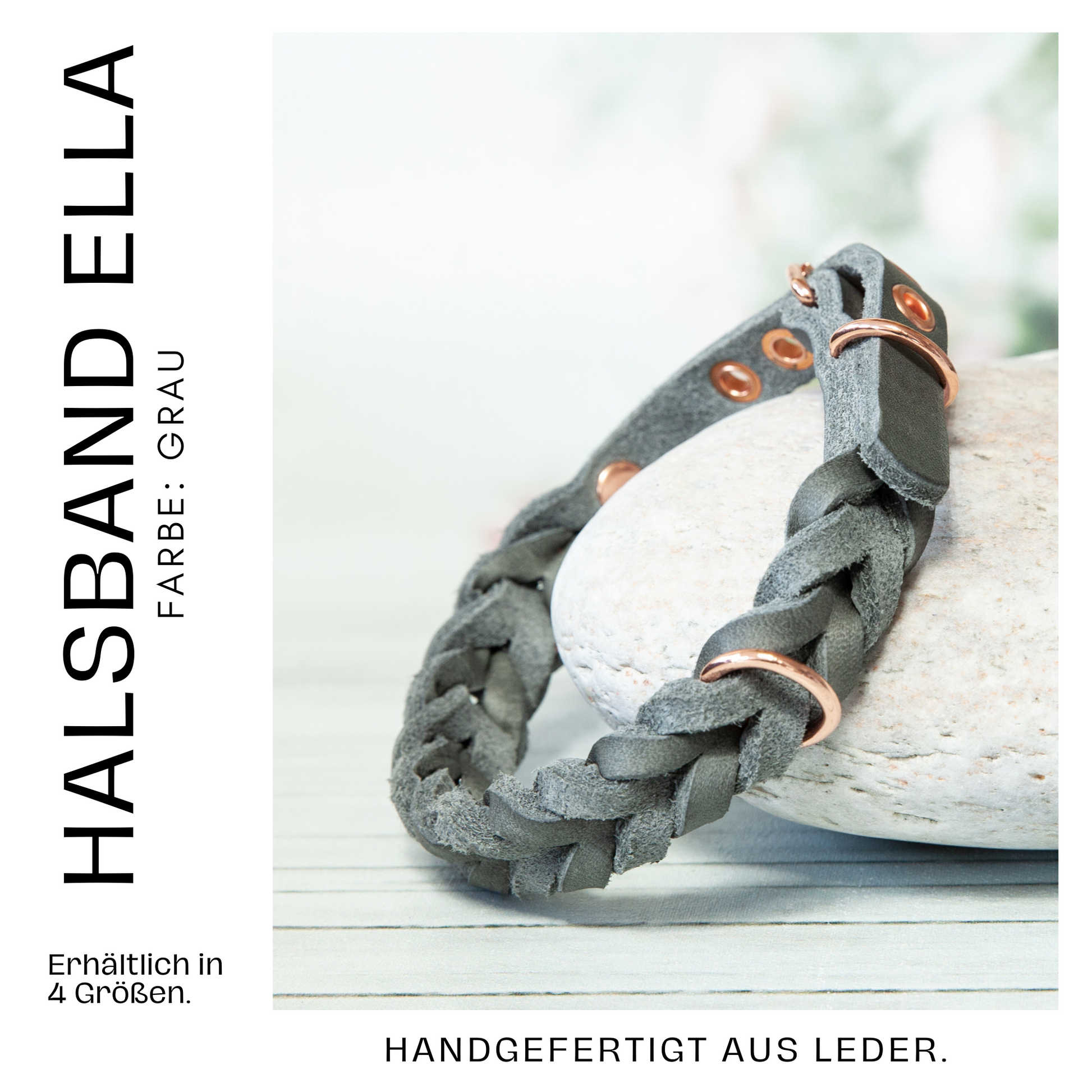 Halsband ELLA. Hundehalsband aus grauem Leder. Handgefertigtes Lederhalsband. Detail 2