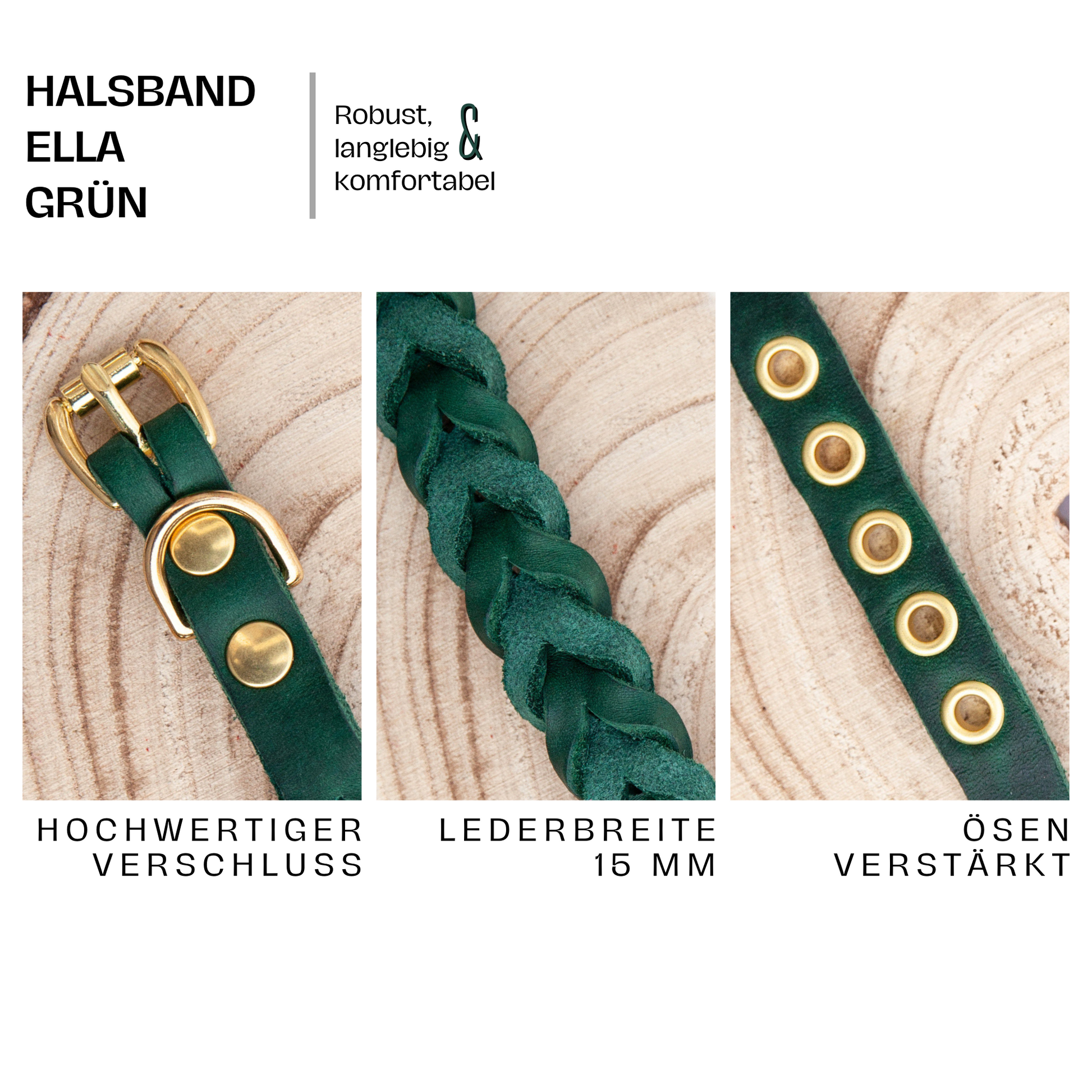 Halsband ELLA. Hundehalsband aus grünem Leder. Handgefertigtes Lederhalsband. Detail