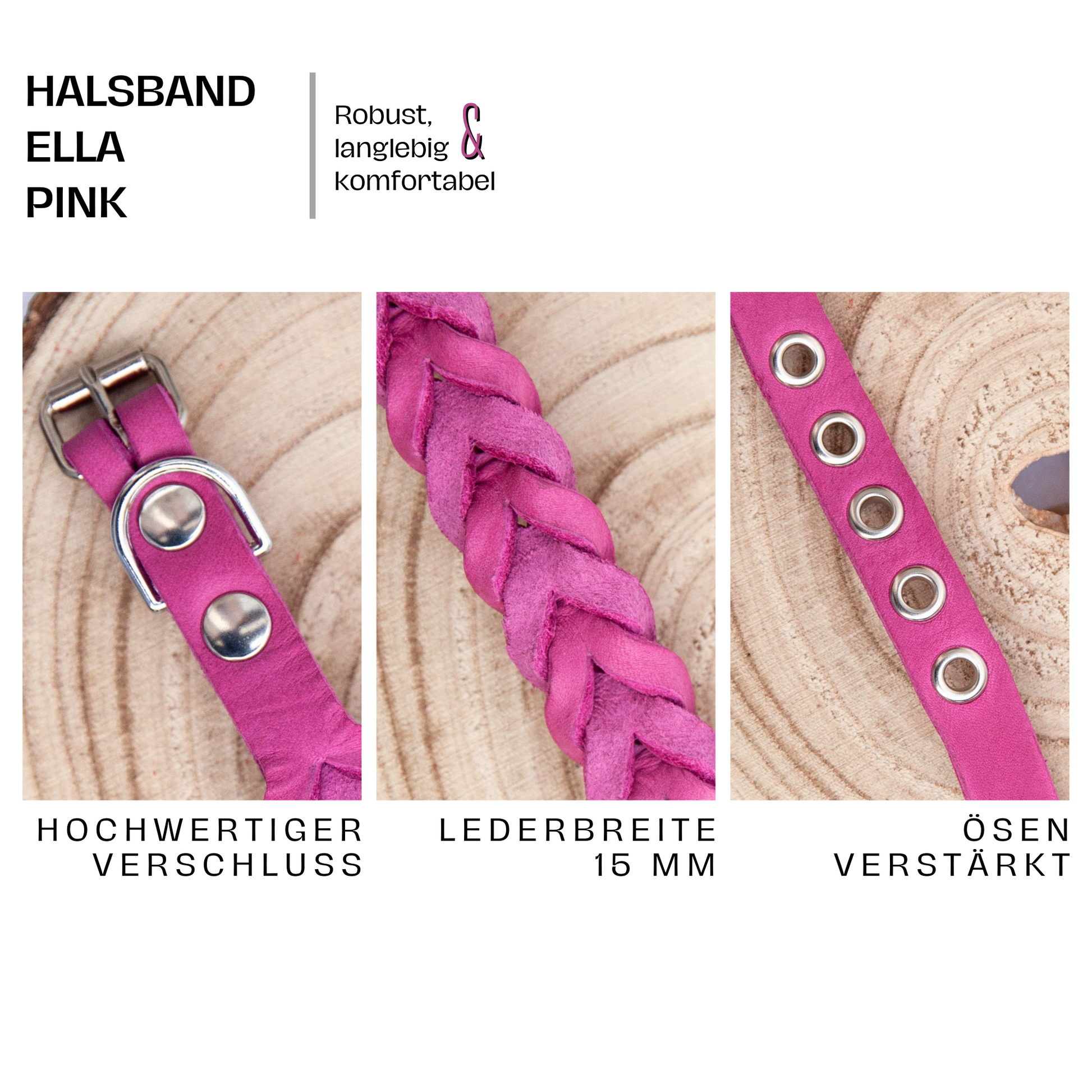 Halsband ELLA. Hundehalsband aus pinkem Leder. Handgefertigtes Lederhalsband. Detail