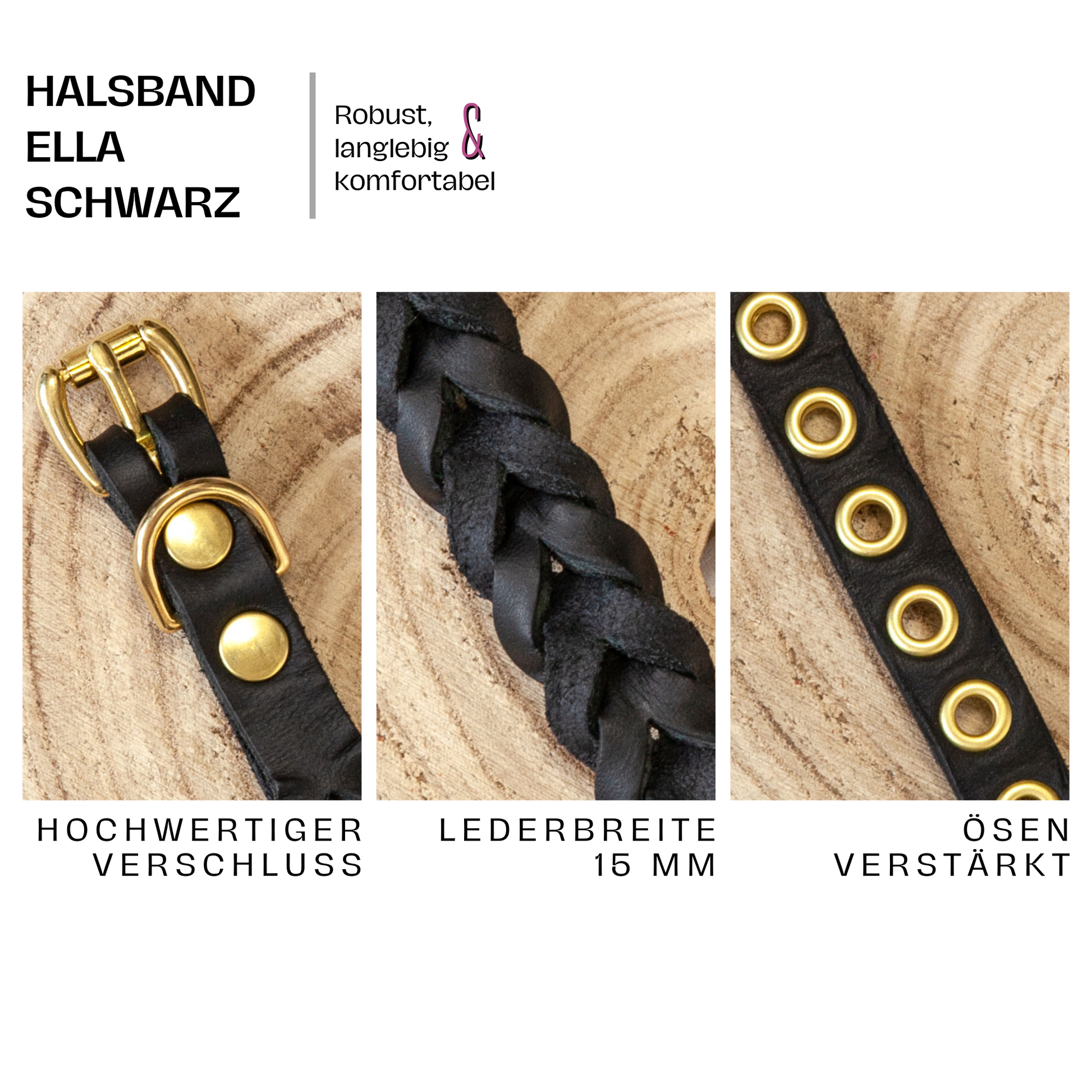 Halsband ELLA. Hundehalsband aus schwarzem Leder. Handgefertigtes Lederhalsband. Detail