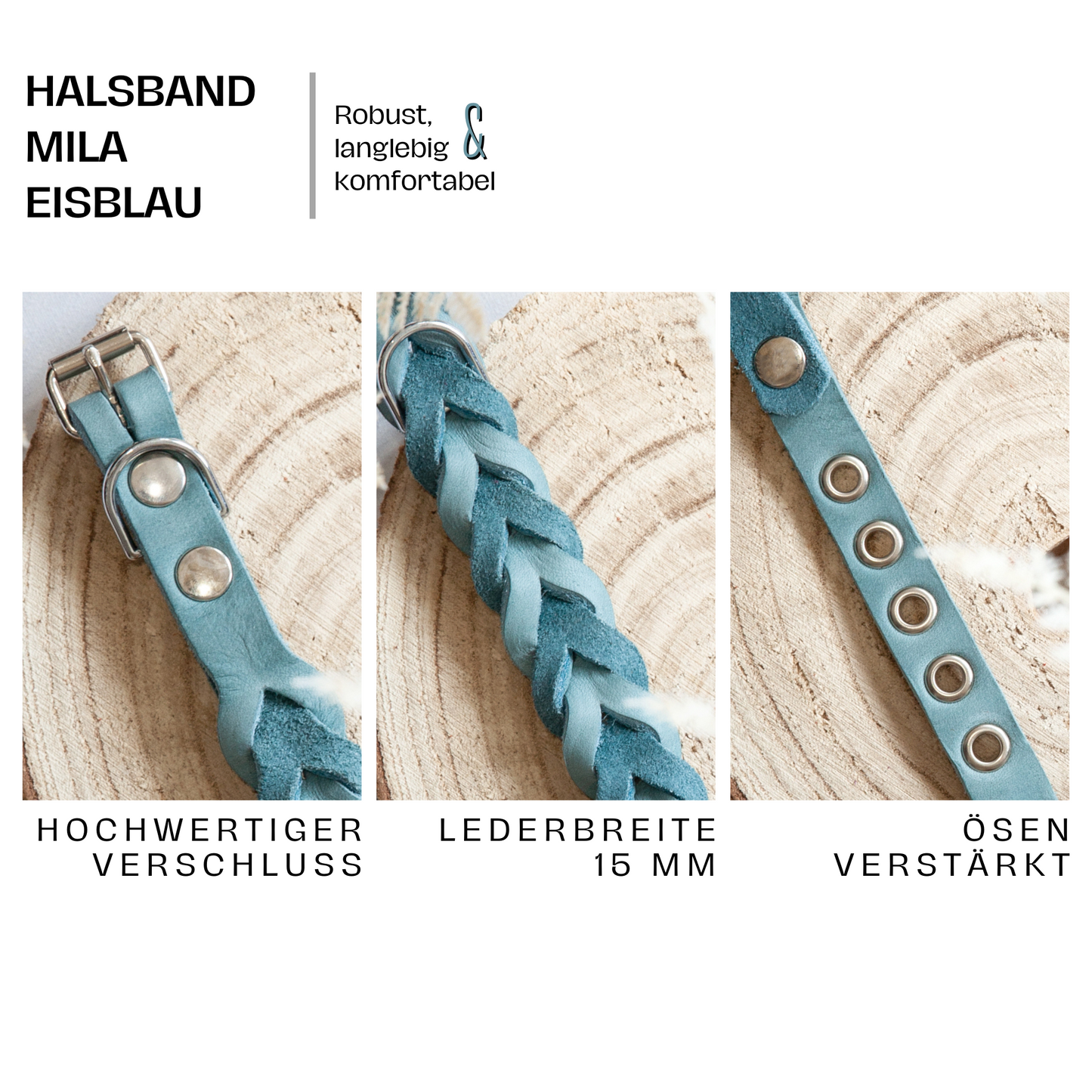 Halsband MILA aus Leder. Hundehalsband aus geflochtenem Leder in der Farbe Eisblau. Lederhalsband für Fellnasen. Detail