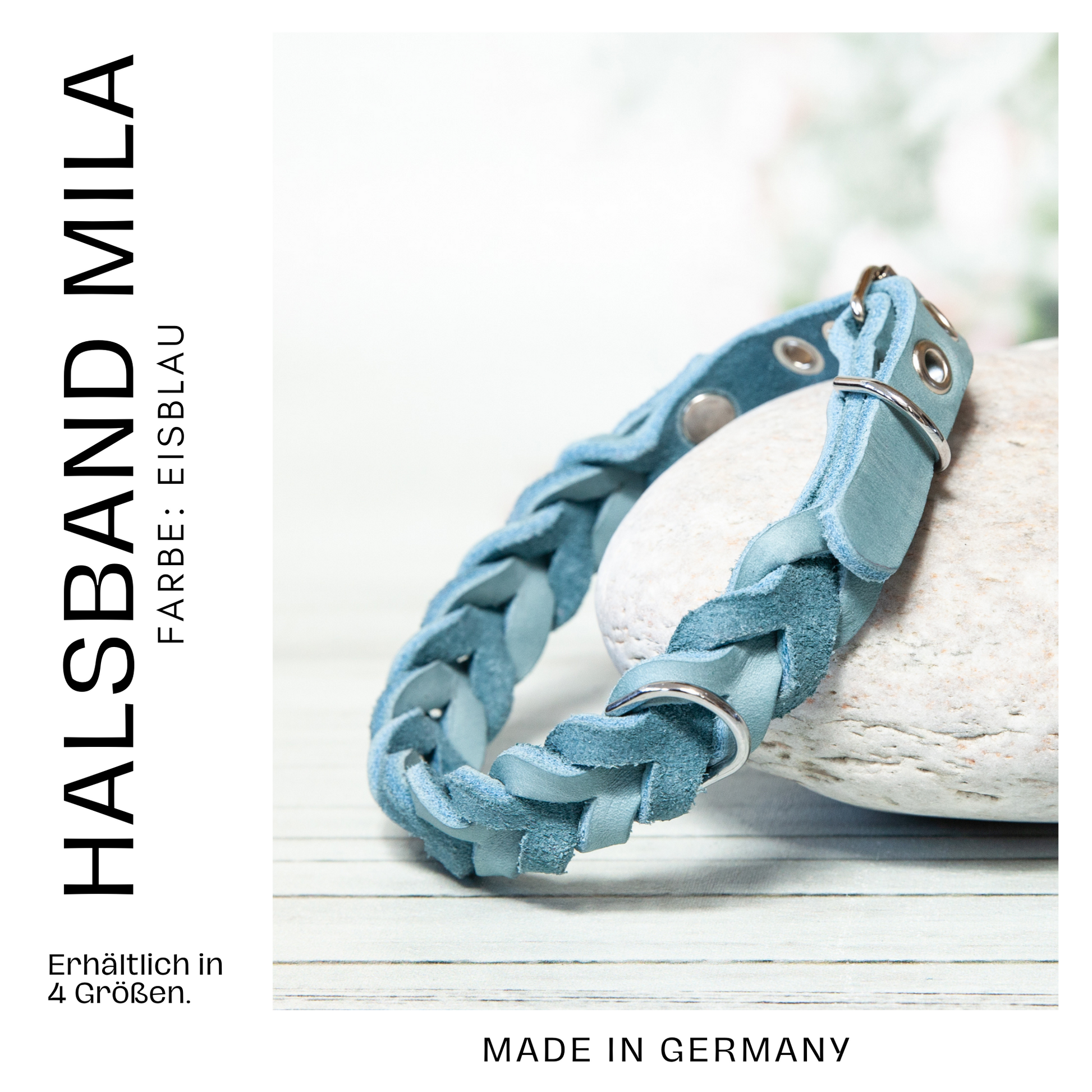 Halsband MILA aus Leder. Hundehalsband aus geflochtenem Leder in der Farbe Eisblau. Lederhalsband für Fellnasen. Detail 2