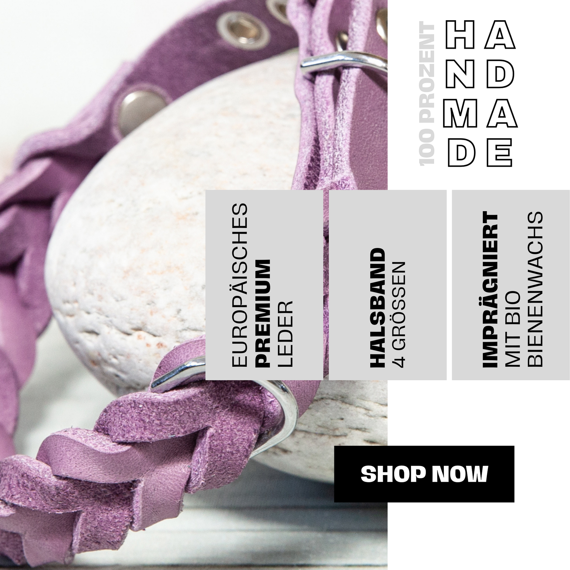 Halsband MILA aus Leder. Hundehalsband aus geflochtenem Leder in der Farbe Lavendel. Lederhalsband für Fellnasen. Detail 1