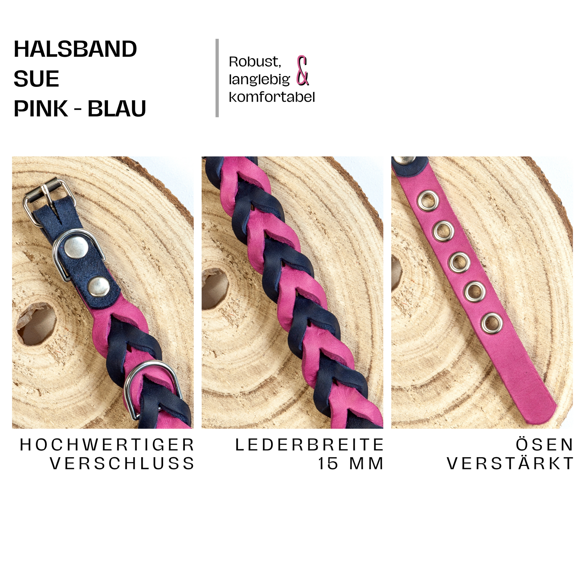 Halsband SUE handgefertigt aus Leder. Lederhalsband  in der Farbe Pink und Blau. Hundehalsband. Details