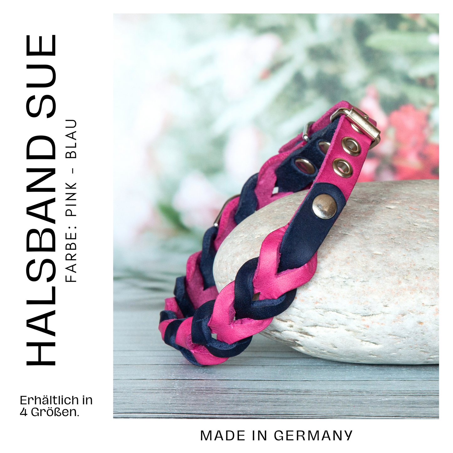 Halsband SUE handgefertigt aus Leder. Lederhalsband  in der Farbe Pink und Blau. Hundehalsband. Details 2