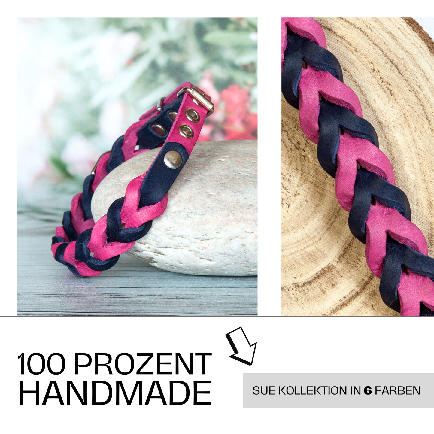 Halsband SUE handgefertigt aus Leder. Lederhalsband  in der Farbe Pink und Blau. Hundehalsband. Details 3