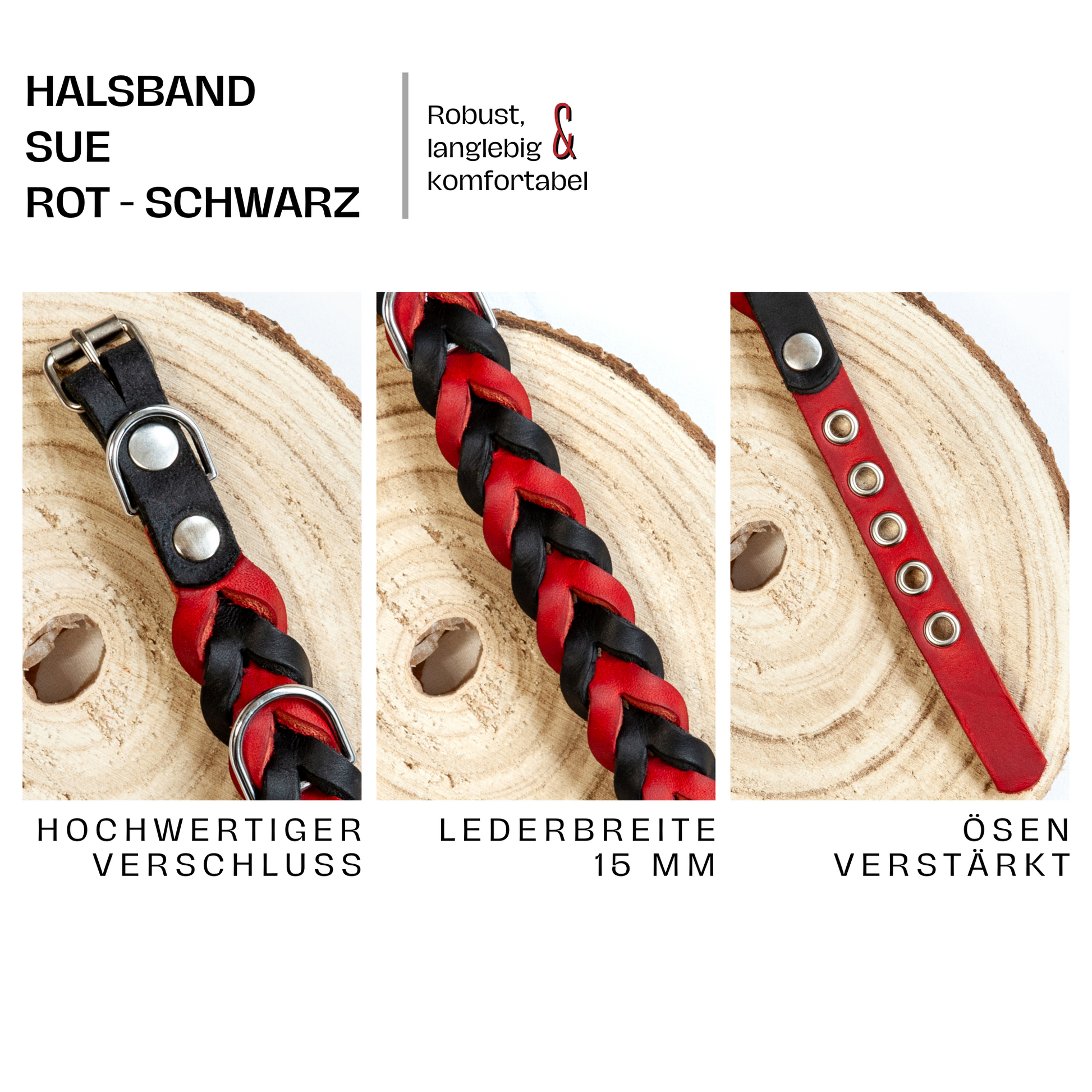 Halsband SUE handgefertigt aus Leder. Lederhalsband  in der Farbe Rot und Schwarz. Hundehalsband. Detail