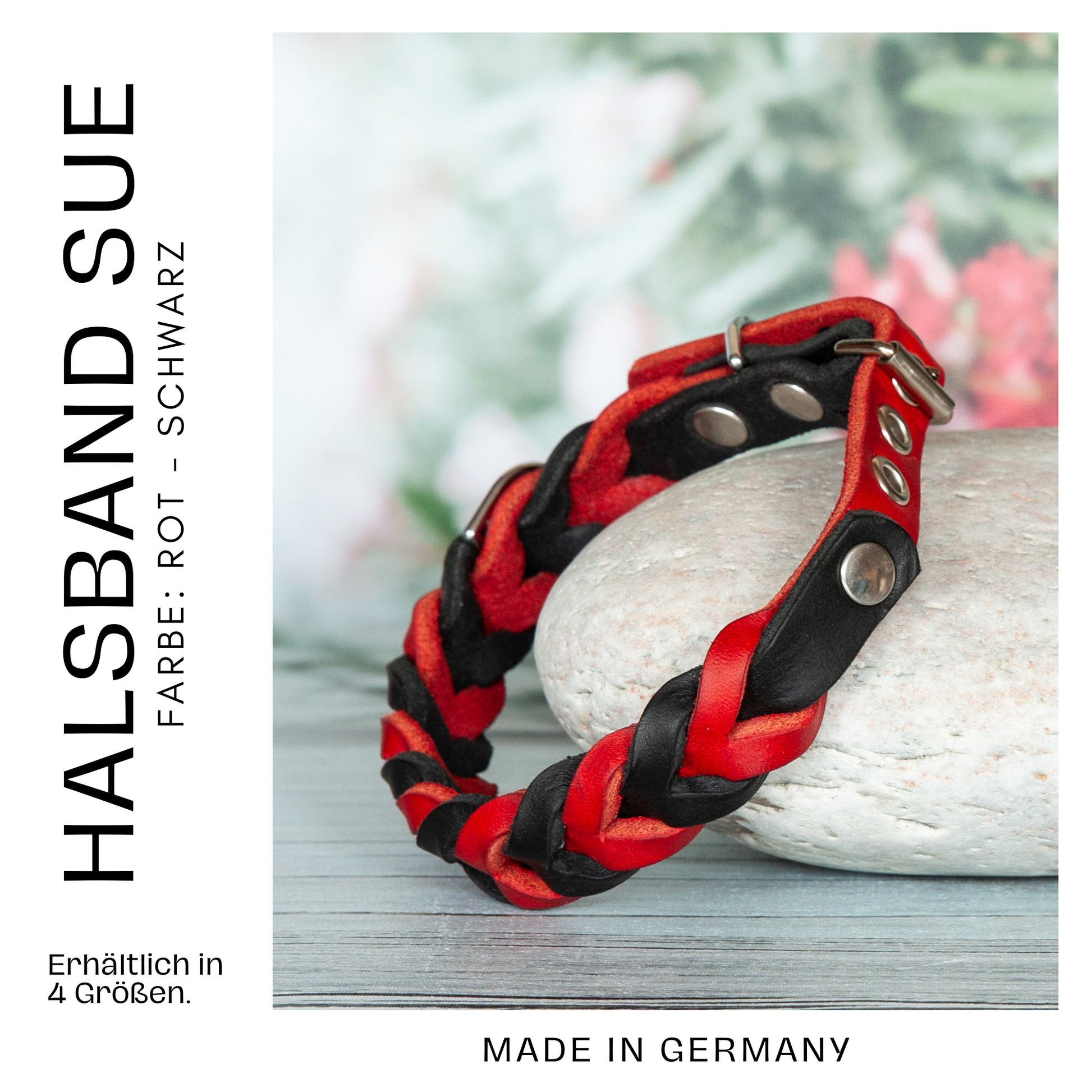 Halsband SUE handgefertigt aus Leder. Lederhalsband  in der Farbe Rot und Schwarz. Hundehalsband. Detail 2