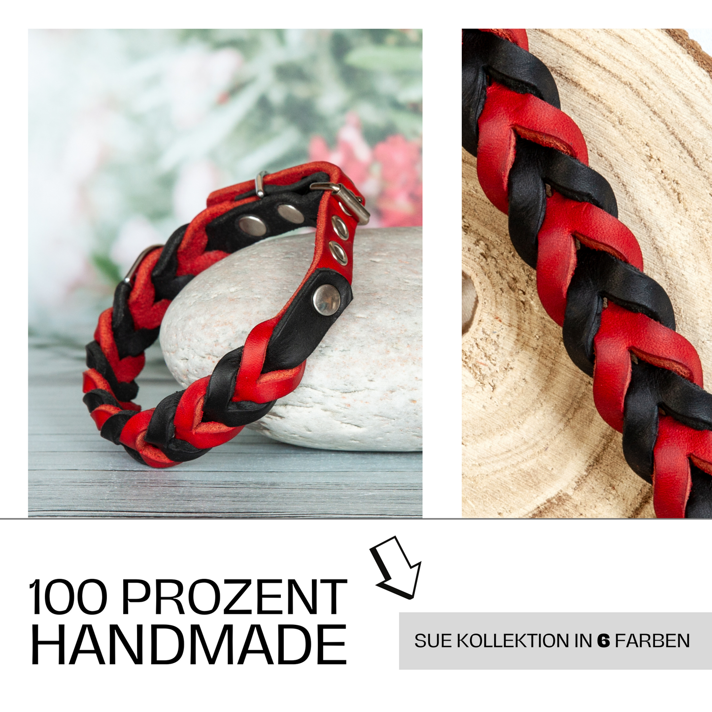 Halsband SUE handgefertigt aus Leder. Lederhalsband  in der Farbe Rot und Schwarz. Hundehalsband. Detail 3