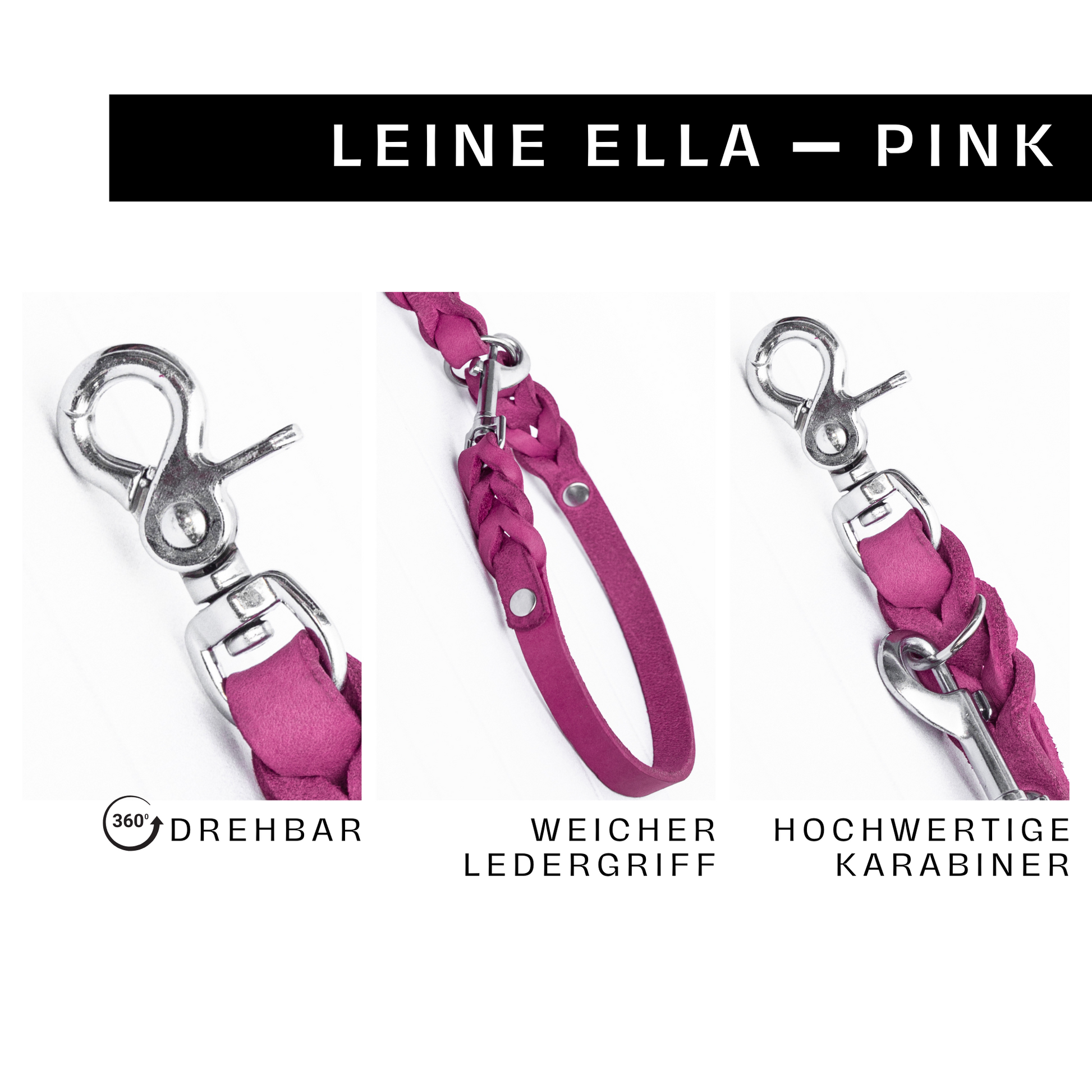 Hundeleine ELLA aus Leder. Handgefertigte Lederleine in der Farbe Pink für deinen Hund. Hundelederleine. Details