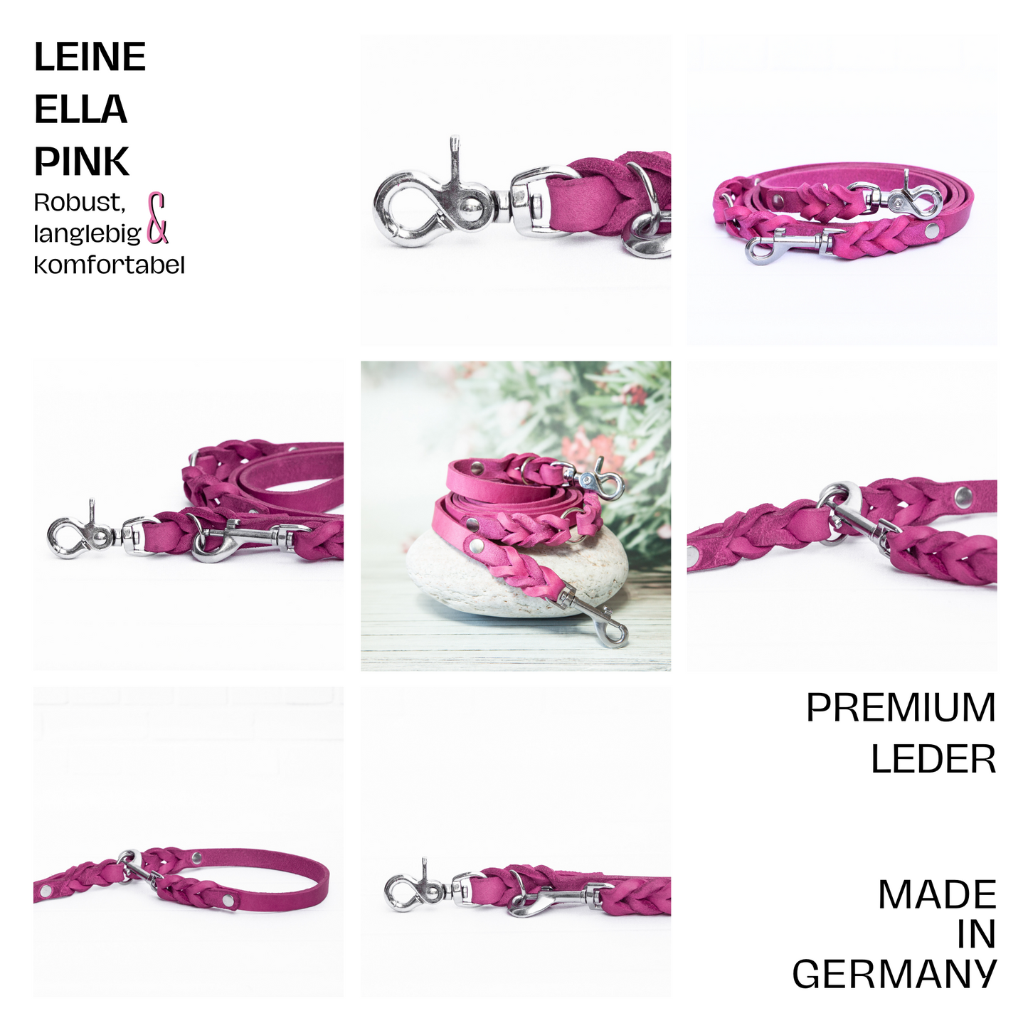 Hundeleine ELLA aus Leder. Handgefertigte Lederleine in der Farbe Pink für deinen Hund. Hundelederleine. Details 1