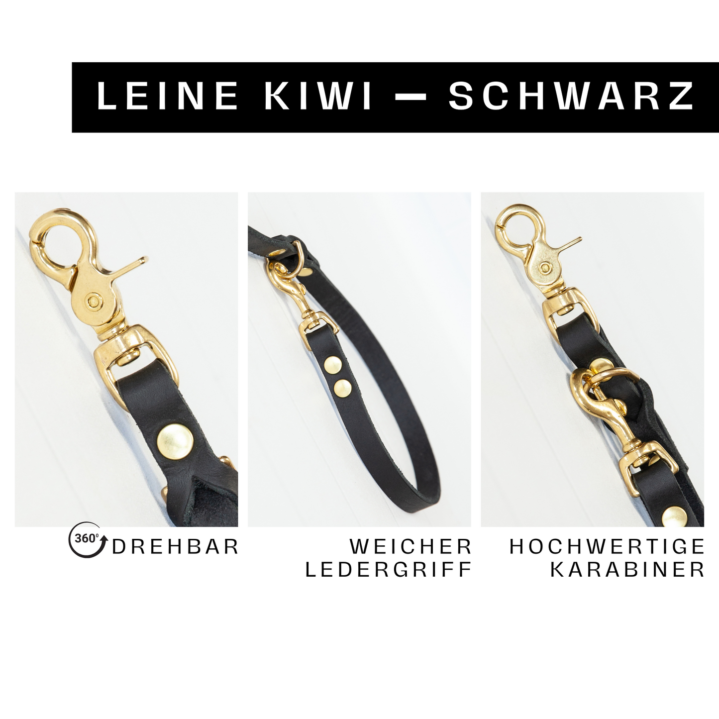 Lederleine KIWI | 3-fach Verstellbar | Handgefertigt | Schwarz