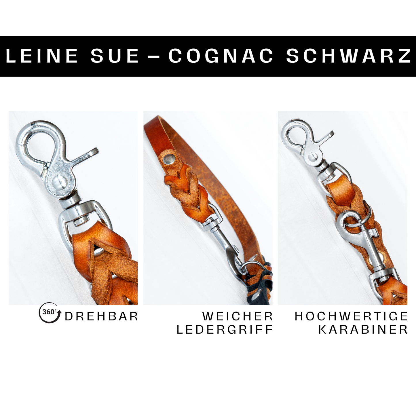 Hundeleine SUE handgefertigt aus Leder. Lederleine in der Farbe Cognacbraun und Schwarz. Hundelederleine. Details