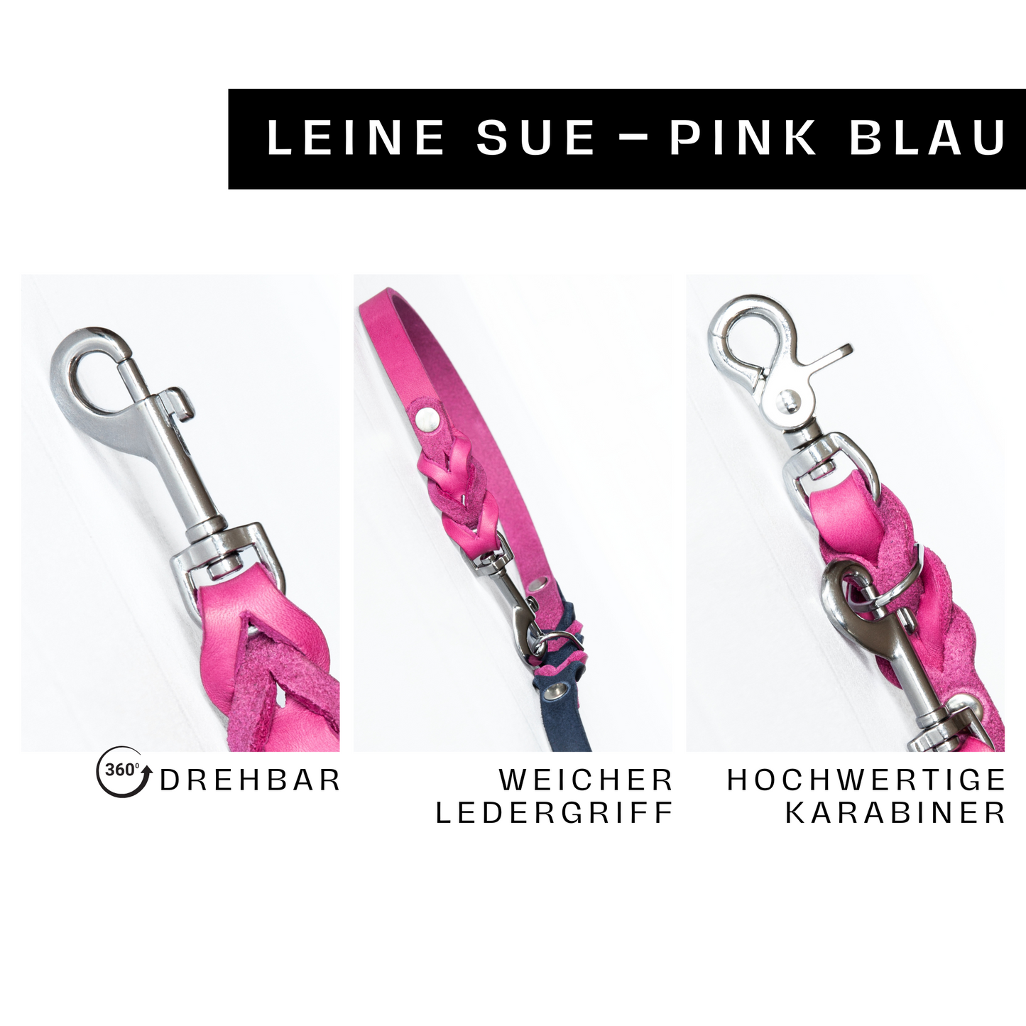 Hundeleine SUE handgefertigt aus Leder. Lederleine in der Farbe Pink und Blau. Hundelederleine. Details