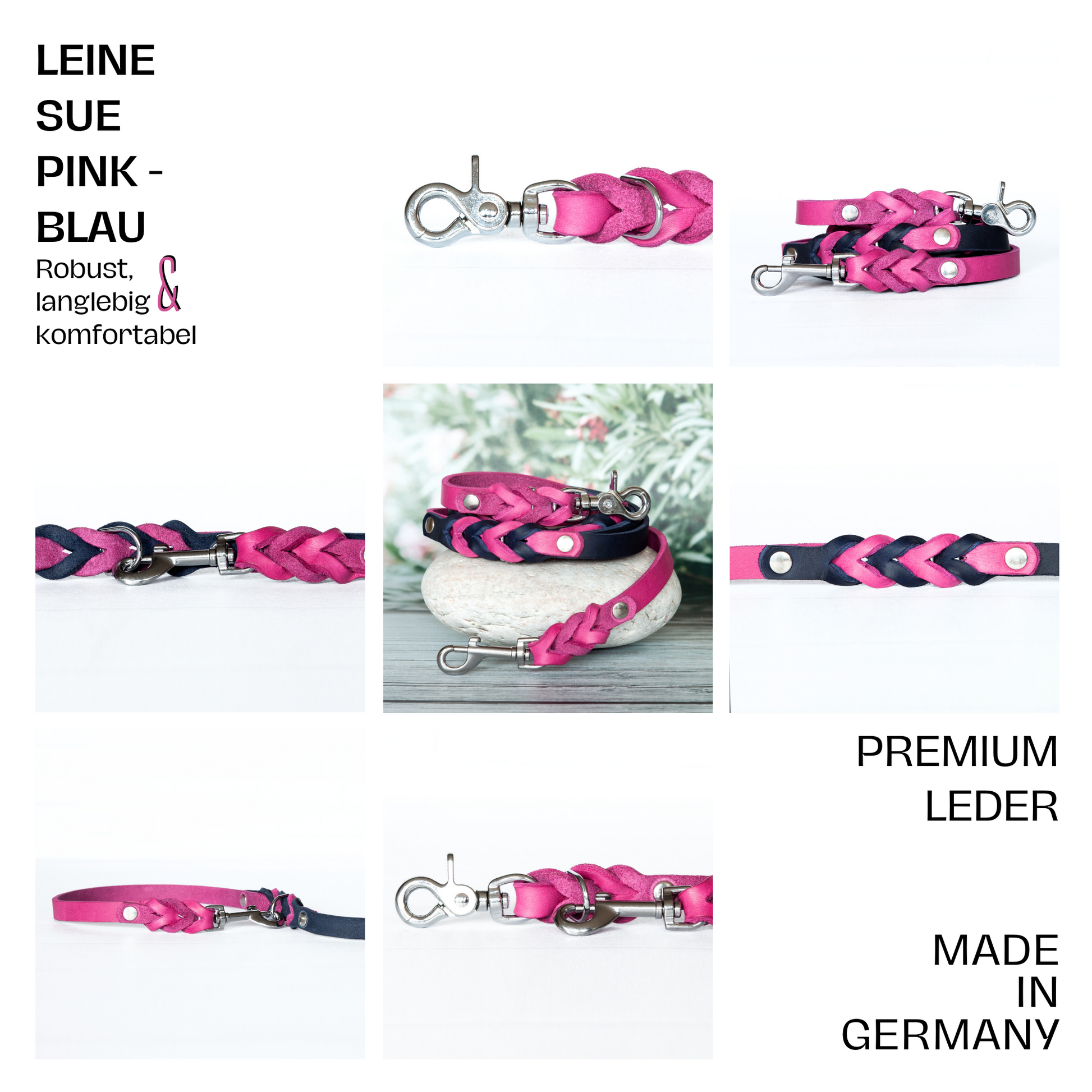 Hundeleine SUE handgefertigt aus Leder. Lederleine in der Farbe Pink und Blau. Hundelederleine. Details 1