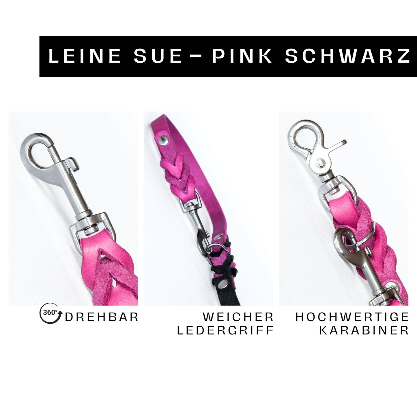 Hundeleine SUE handgefertigt aus Leder. Lederleine in der Farbe Pink und Schwarz. Hundelederleine. Details