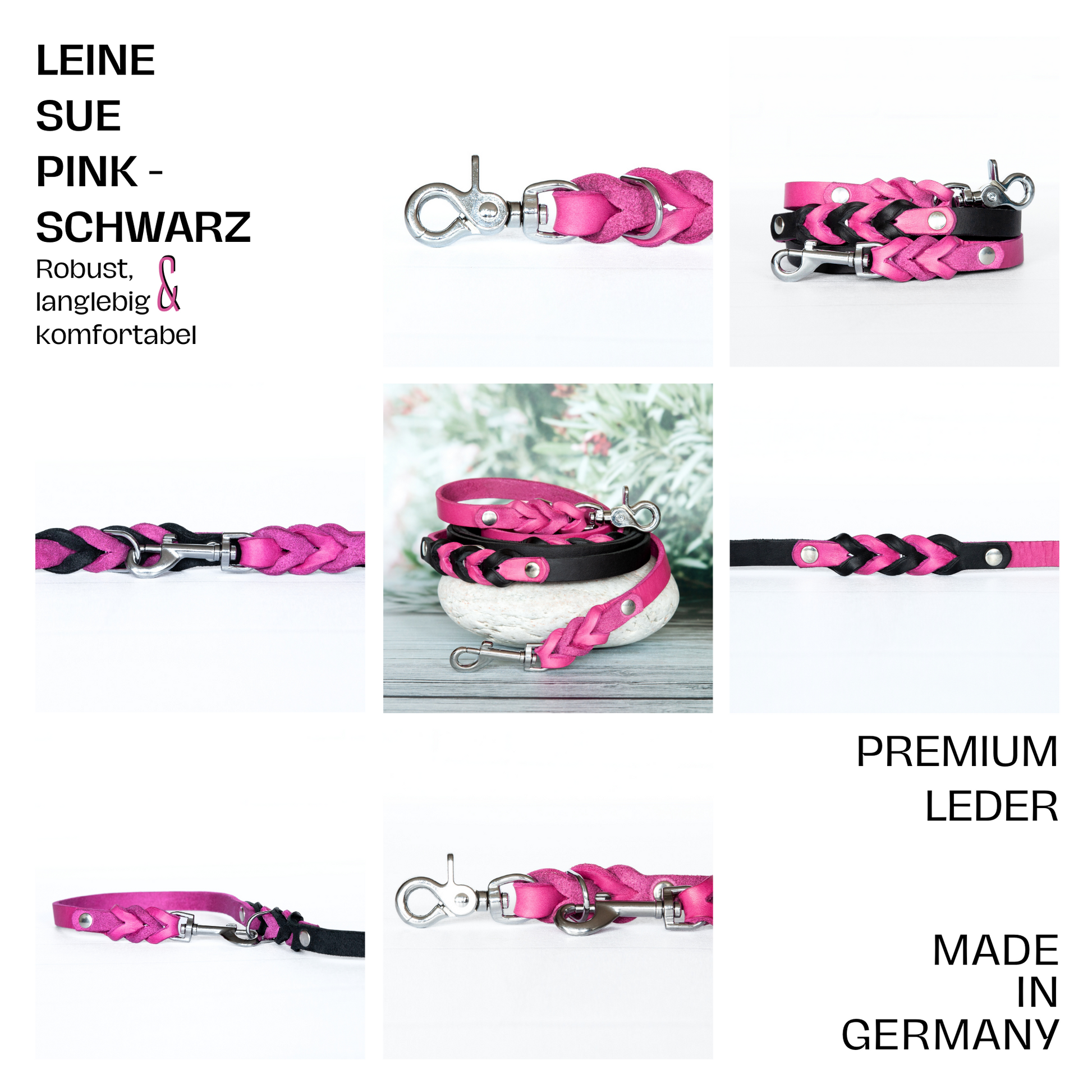 Hundeleine SUE handgefertigt aus Leder. Lederleine in der Farbe Pink und Schwarz. Hundelederleine. Details 1