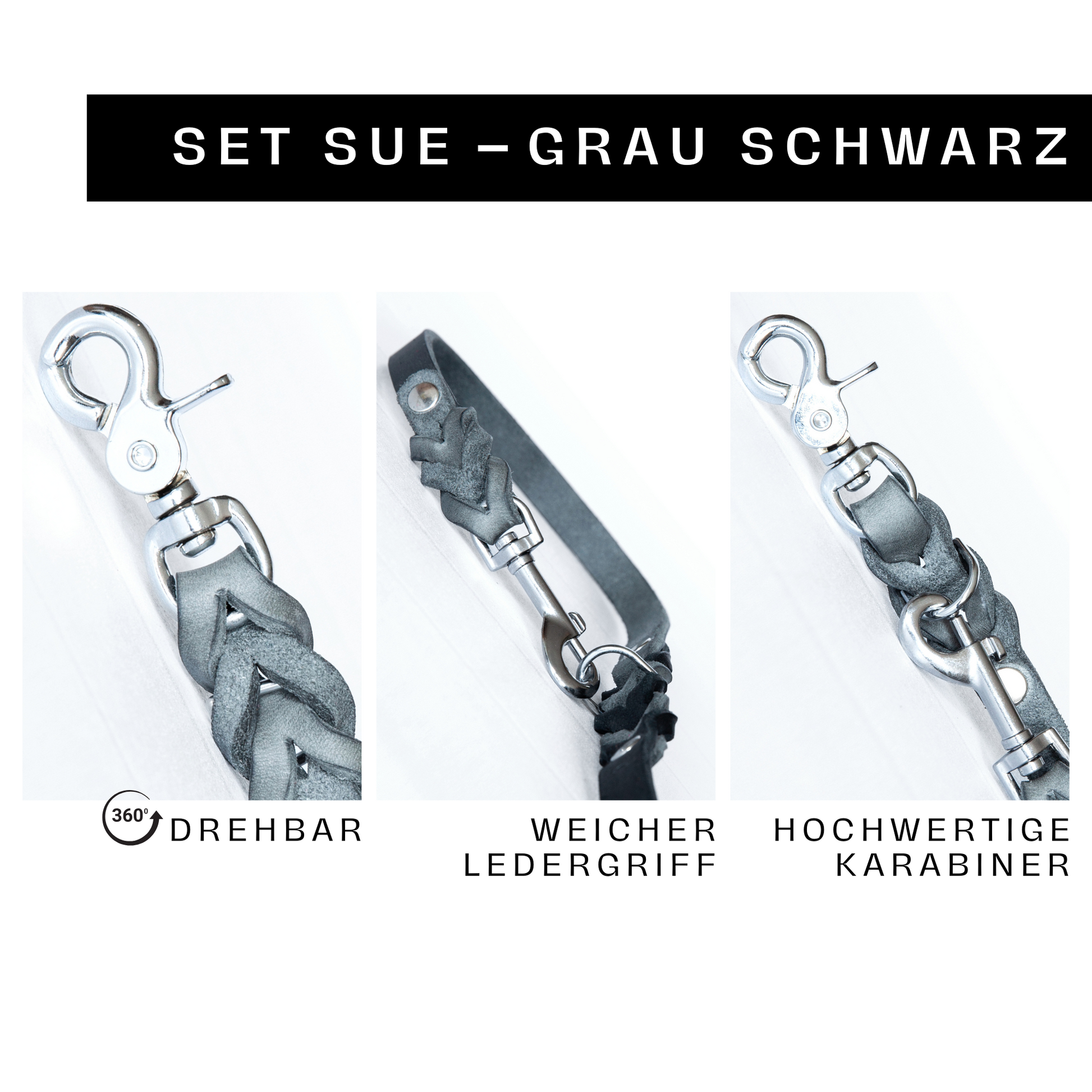 Set SUE handgefertigt aus Leder. Lederhalsband und Lederleine  in der Farbe Grau und Schwarz. Hundehalsband und Leine. Details