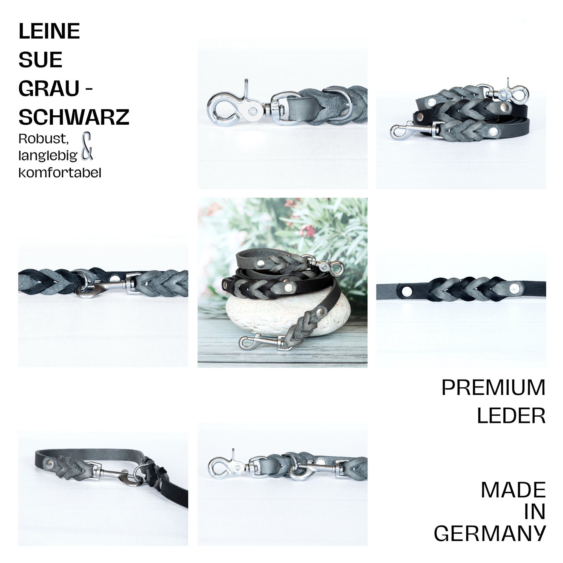 Set SUE handgefertigt aus Leder. Lederhalsband und Lederleine  in der Farbe Grau und Schwarz. Hundehalsband und Leine. Details 1