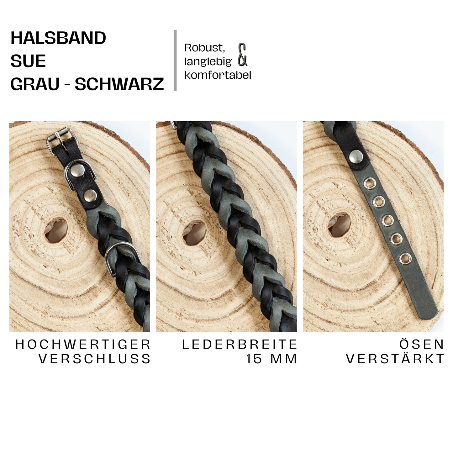 Set SUE handgefertigt aus Leder. Lederhalsband und Lederleine  in der Farbe Grau und Schwarz. Hundehalsband und Leine. Details 3