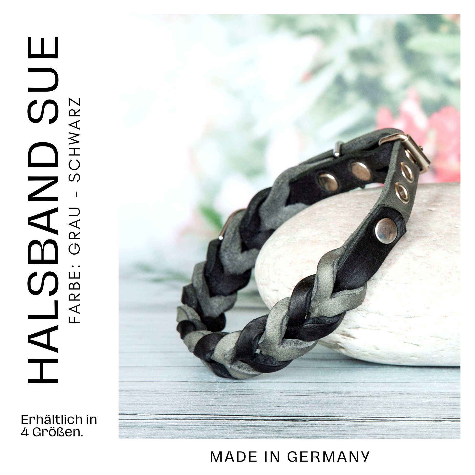 Set SUE handgefertigt aus Leder. Lederhalsband und Lederleine  in der Farbe Grau und Schwarz. Hundehalsband und Leine. Details 4