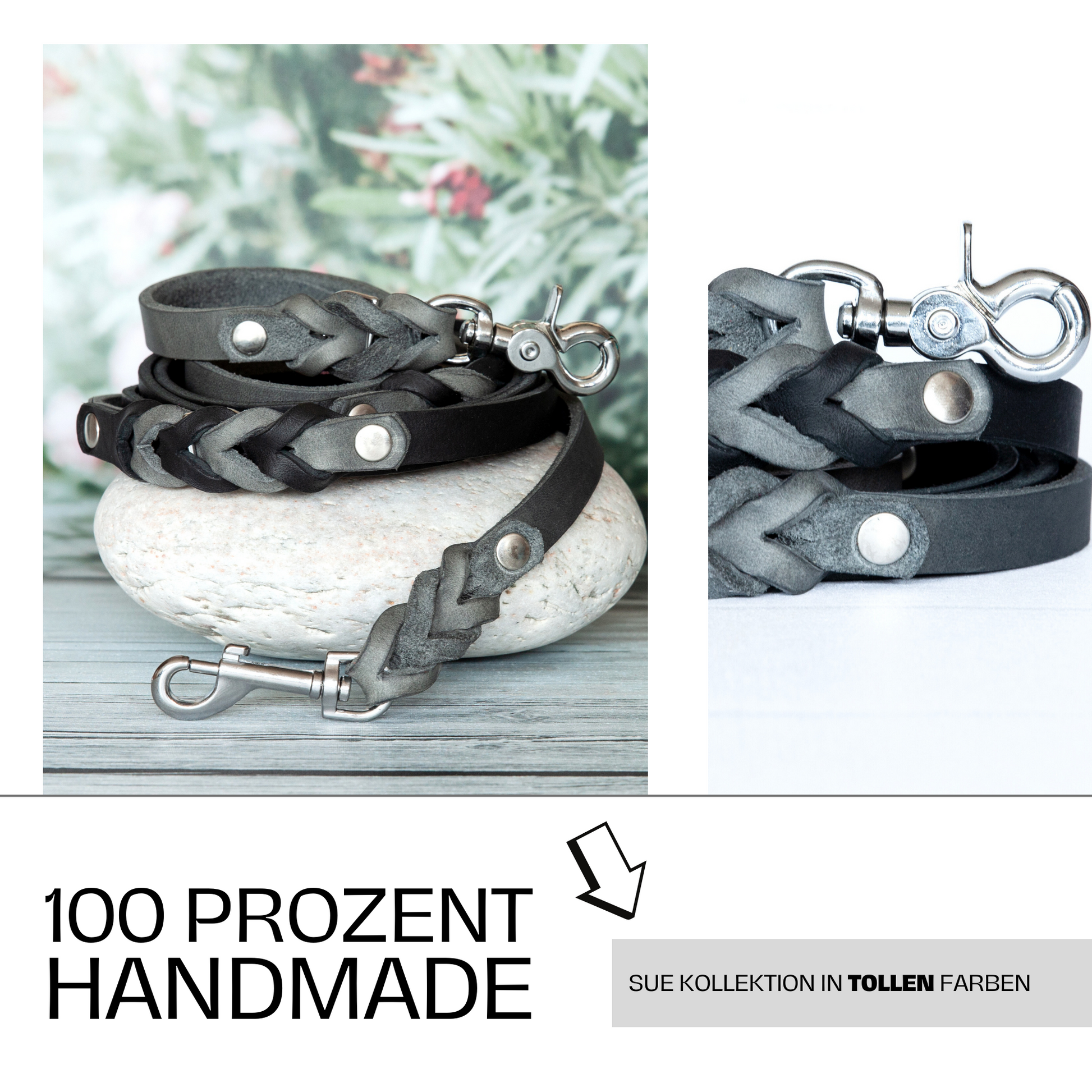 Set SUE handgefertigt aus Leder. Lederhalsband und Lederleine  in der Farbe Grau und Schwarz. Hundehalsband und Leine. Details 5