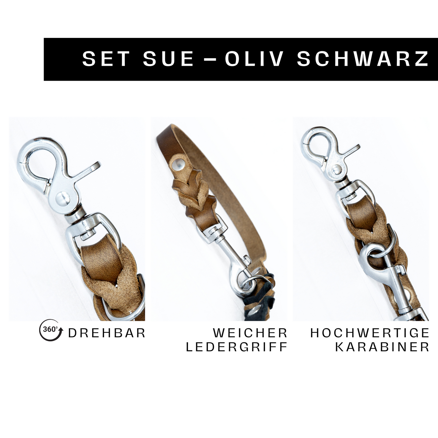 Set SUE handgefertigt aus Leder. Lederhalsband und Lederleine  in der Farbe Oliv und Schwarz. Hundehalsband und Leine. Details