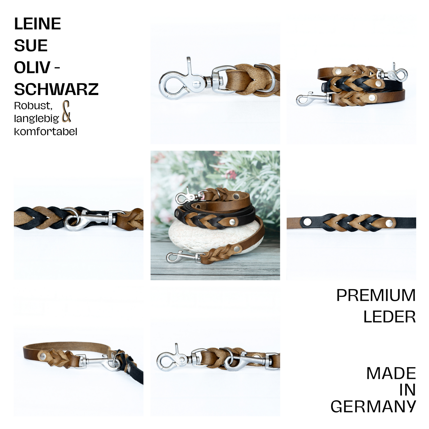 Set SUE handgefertigt aus Leder. Lederhalsband und Lederleine  in der Farbe Oliv und Schwarz. Hundehalsband und Leine. Details 1