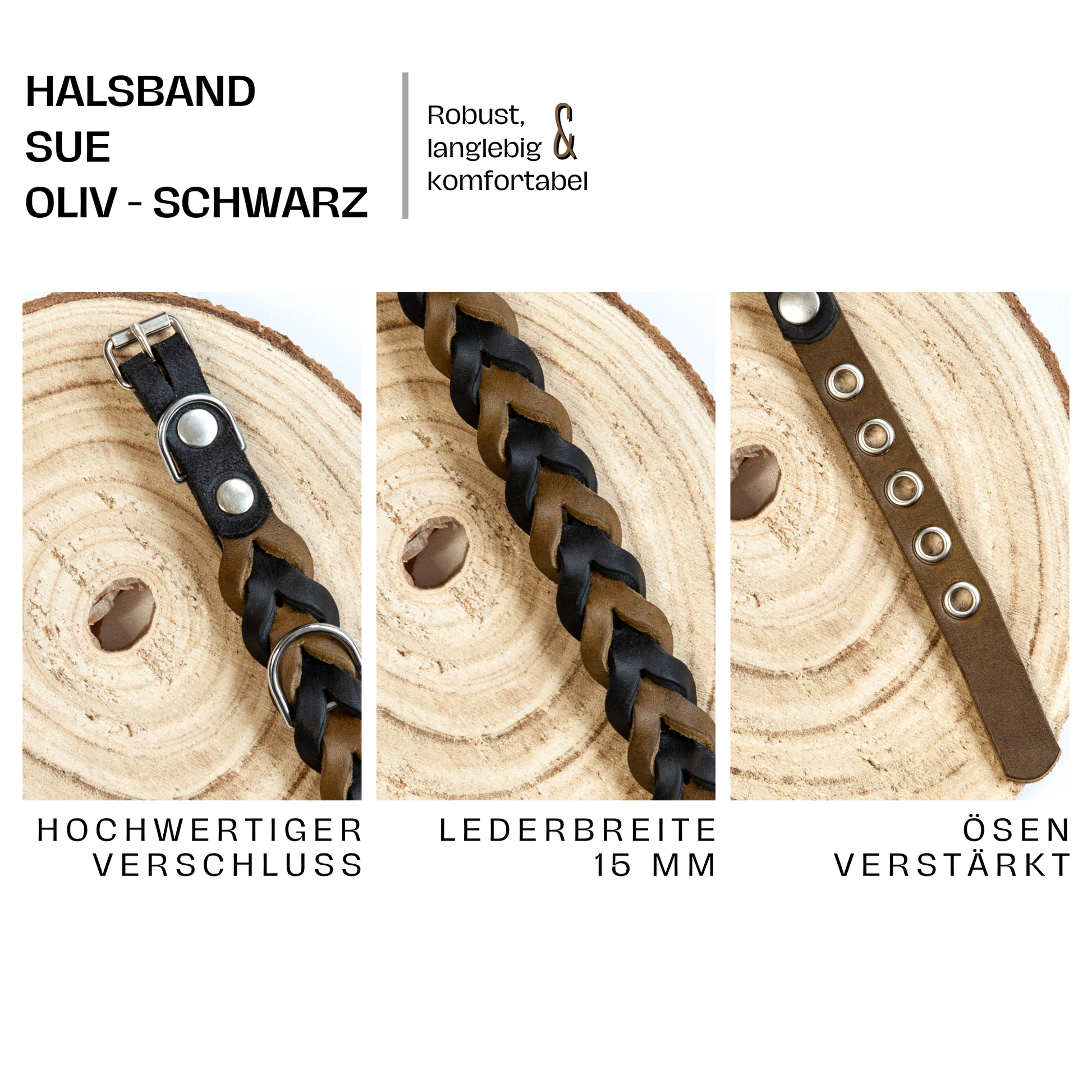 Set SUE handgefertigt aus Leder. Lederhalsband und Lederleine  in der Farbe Oliv und Schwarz. Hundehalsband und Leine. Details 3