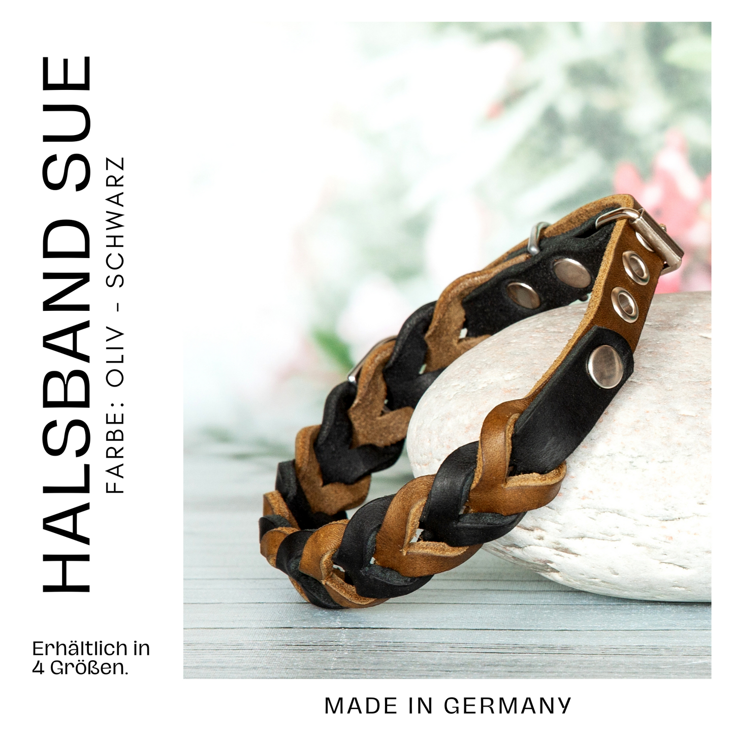 Set SUE handgefertigt aus Leder. Lederhalsband und Lederleine  in der Farbe Oliv und Schwarz. Hundehalsband und Leine. Details 4