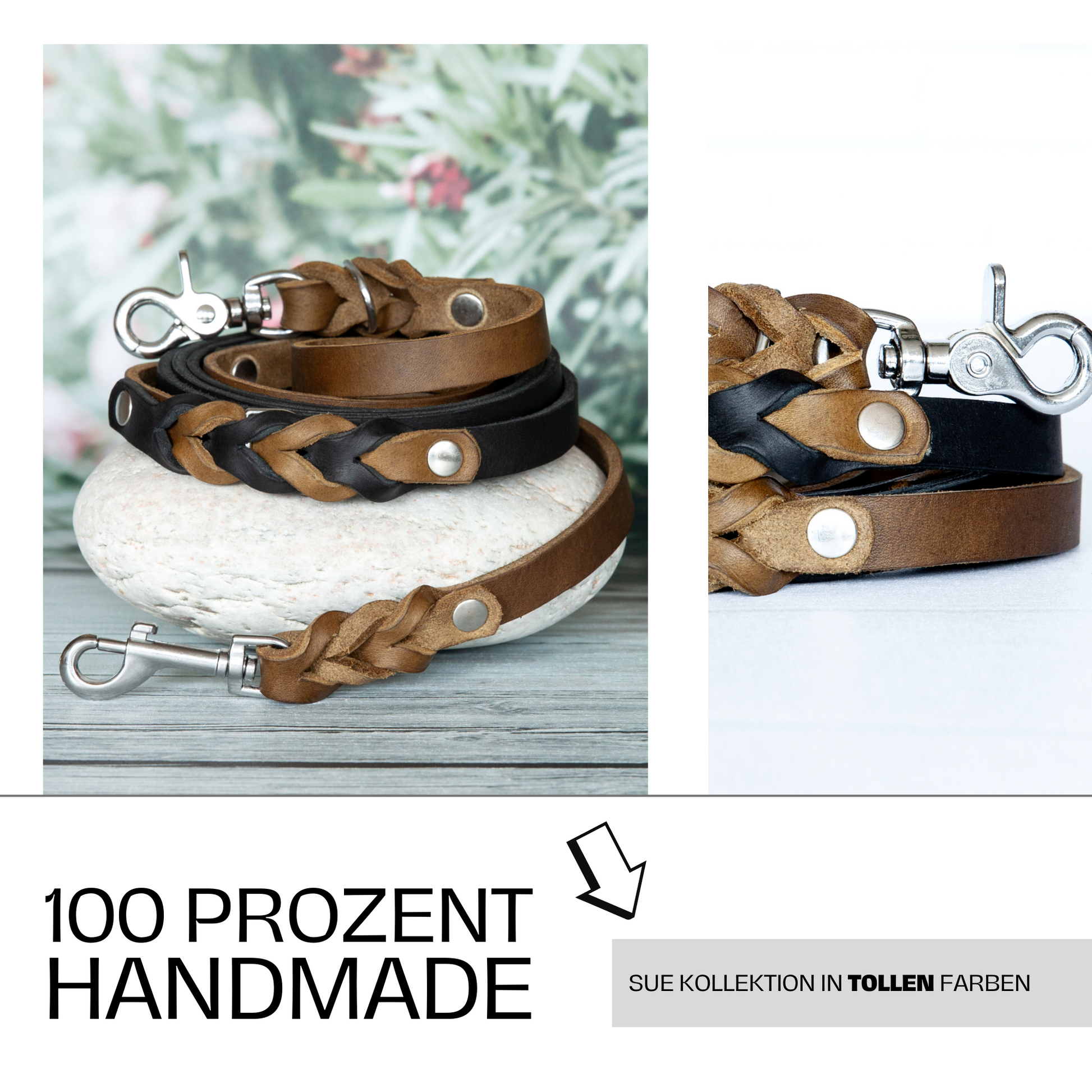 Set SUE handgefertigt aus Leder. Lederhalsband und Lederleine  in der Farbe Oliv und Schwarz. Hundehalsband und Leine. Details 5