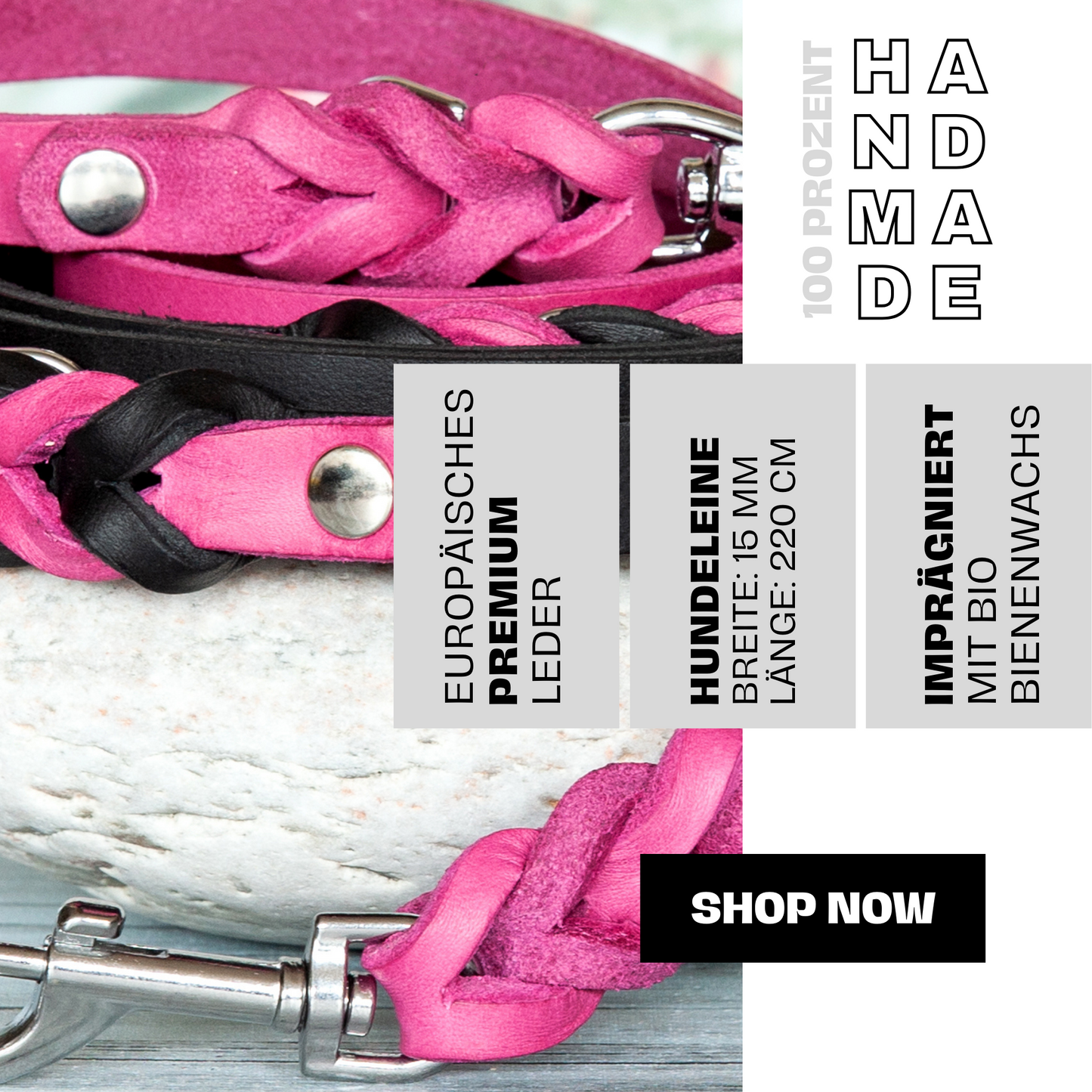Set SUE handgefertigt aus Leder. Lederhalsband und Lederleine  in der Farbe Pink und Schwarz. Hundehalsband und Leine. Details 2