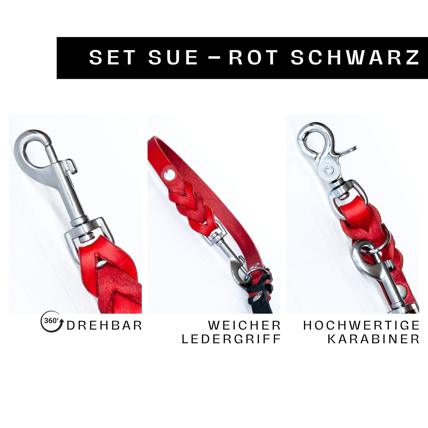 Set SUE handgefertigt aus Leder. Lederhalsband und Lederleine  in der Farbe Rot und Schwarz. Hundehalsband und Leine. Details