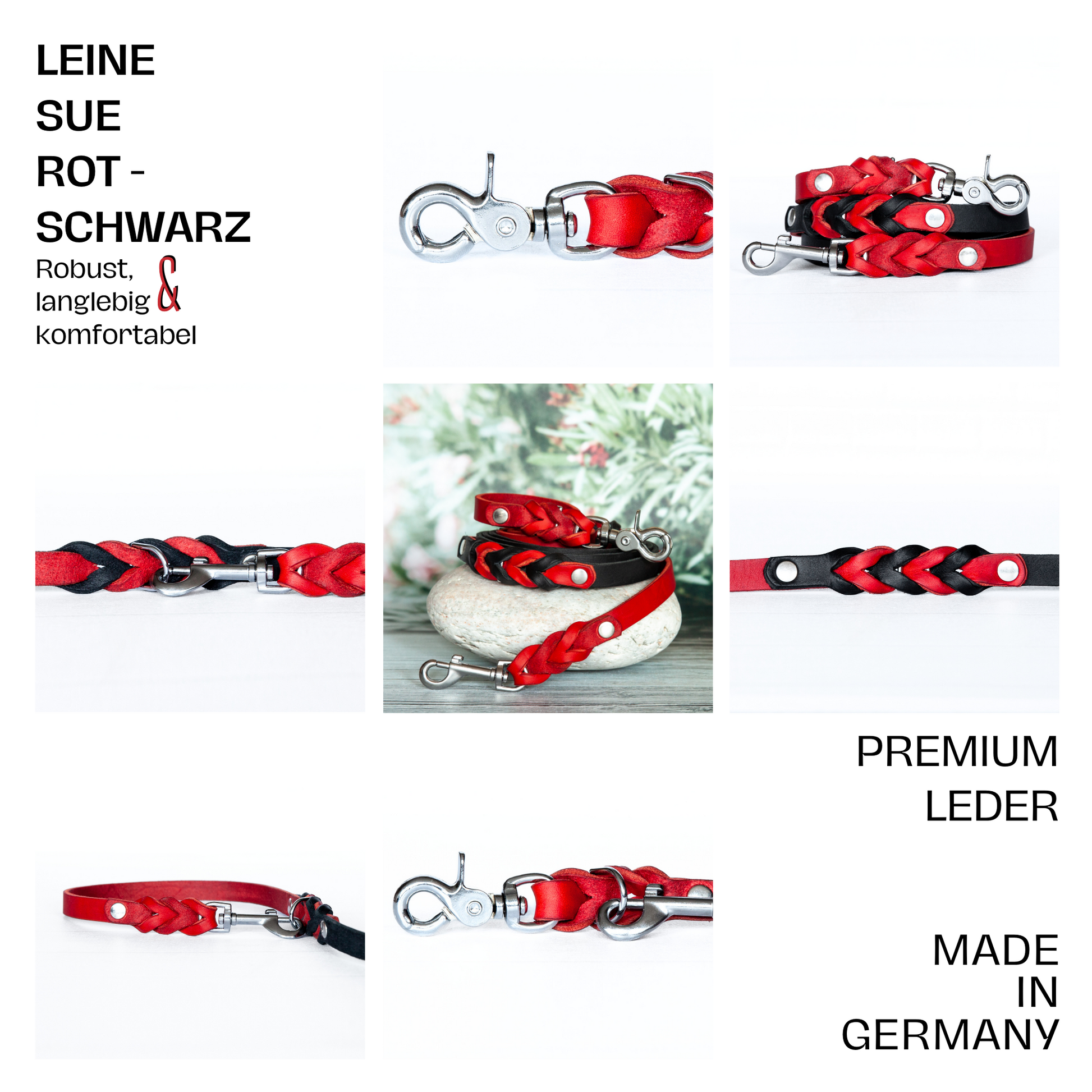 Set SUE handgefertigt aus Leder. Lederhalsband und Lederleine  in der Farbe Rot und Schwarz. Hundehalsband und Leine. Details 1