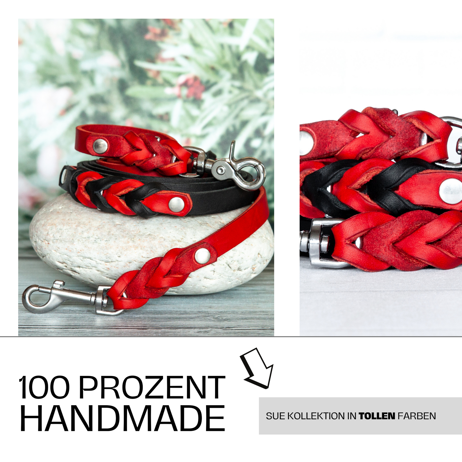 Set SUE handgefertigt aus Leder. Lederhalsband und Lederleine  in der Farbe Rot und Schwarz. Hundehalsband und Leine. Details 5