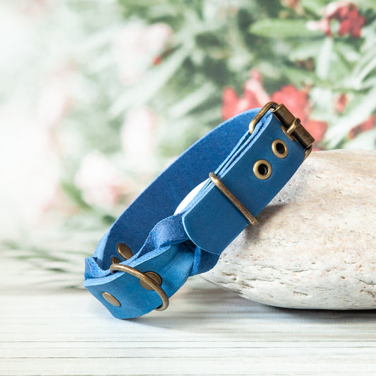 Handgefertigtes Hundehalsband KIWI in leuchtendem Azurblau mit liebevoll gewählten antikmessingfarbenen Beschlägen – ein stilvolles Accessoire, das deinem Vierbeiner einen charmanten, sommerlichen Look verleiht.