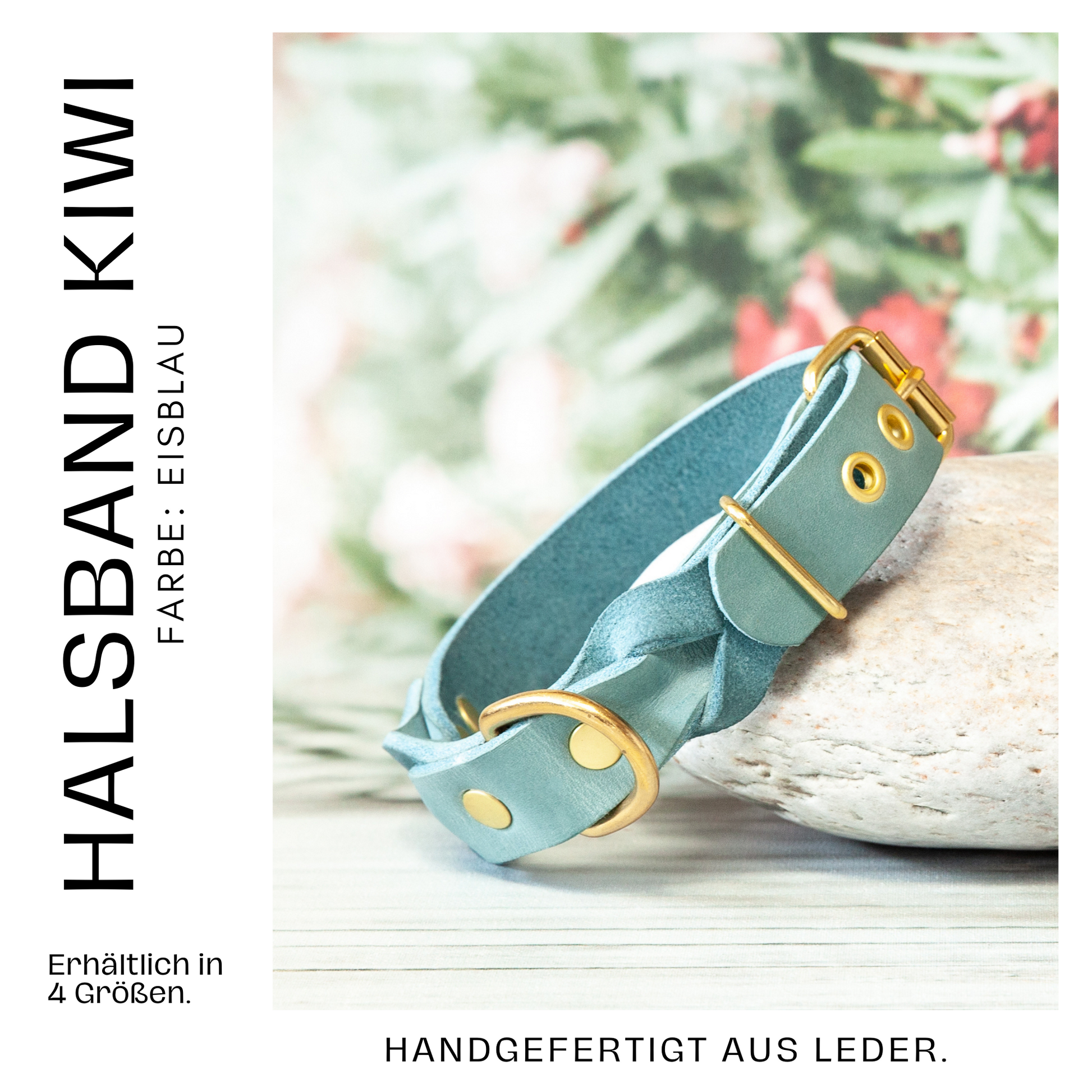 Handgemachtes Hundehalsband KIWI in Eisblau – hochwertiges Leder, silberner Verschluss, vier Größen erhältlich