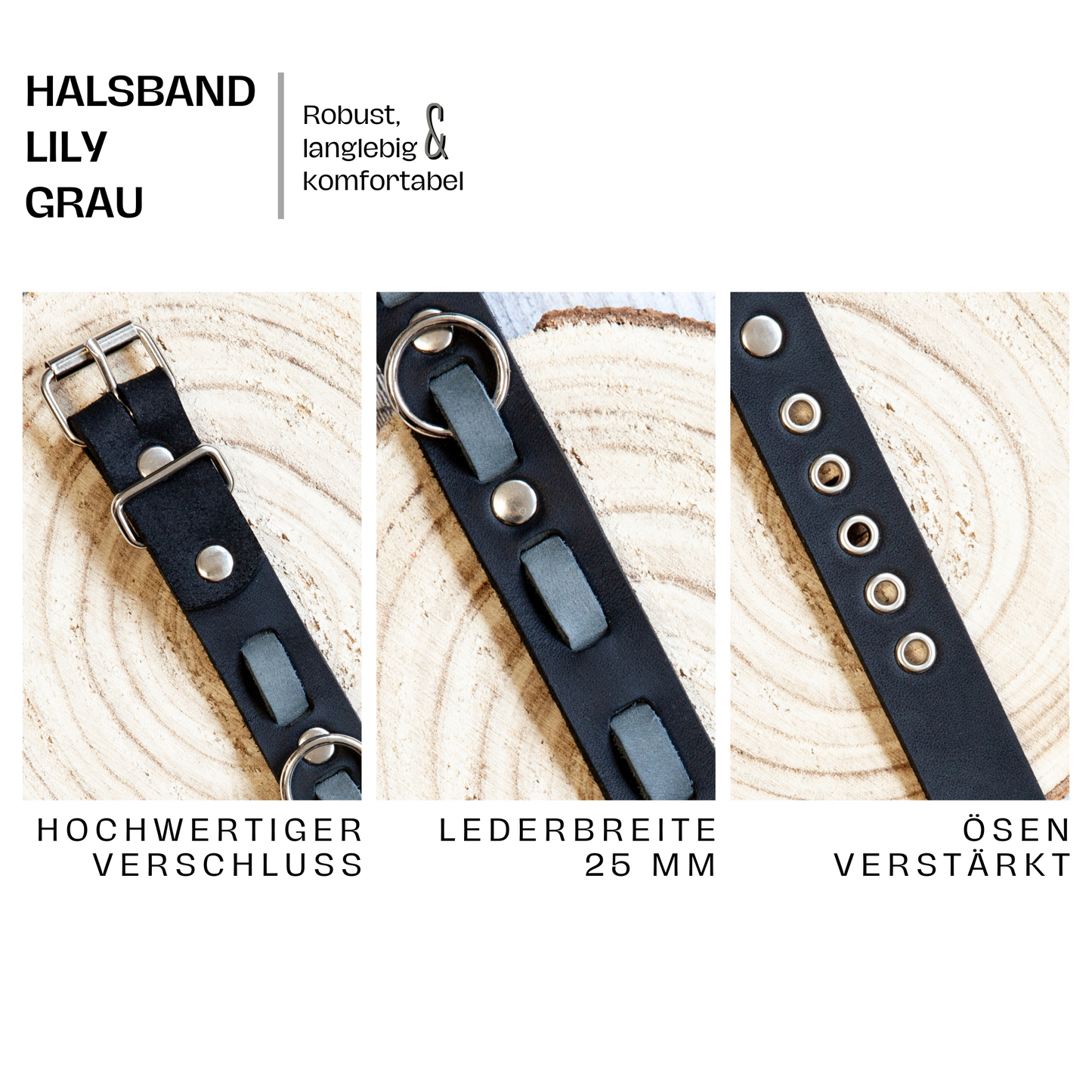 Lederhalsband LILY in Grau-Schwarz – mit stabilem Verschluss, 25 mm breitem Leder und verstärkten Ösen – langlebig und komfortabel