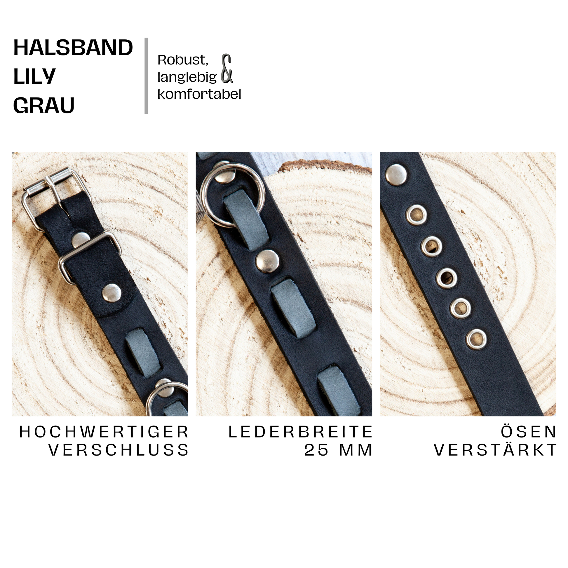 Lederhalsband LILY in Grau-Schwarz – mit stabilem Verschluss, 25 mm breitem Leder und verstärkten Ösen – langlebig und komfortabel