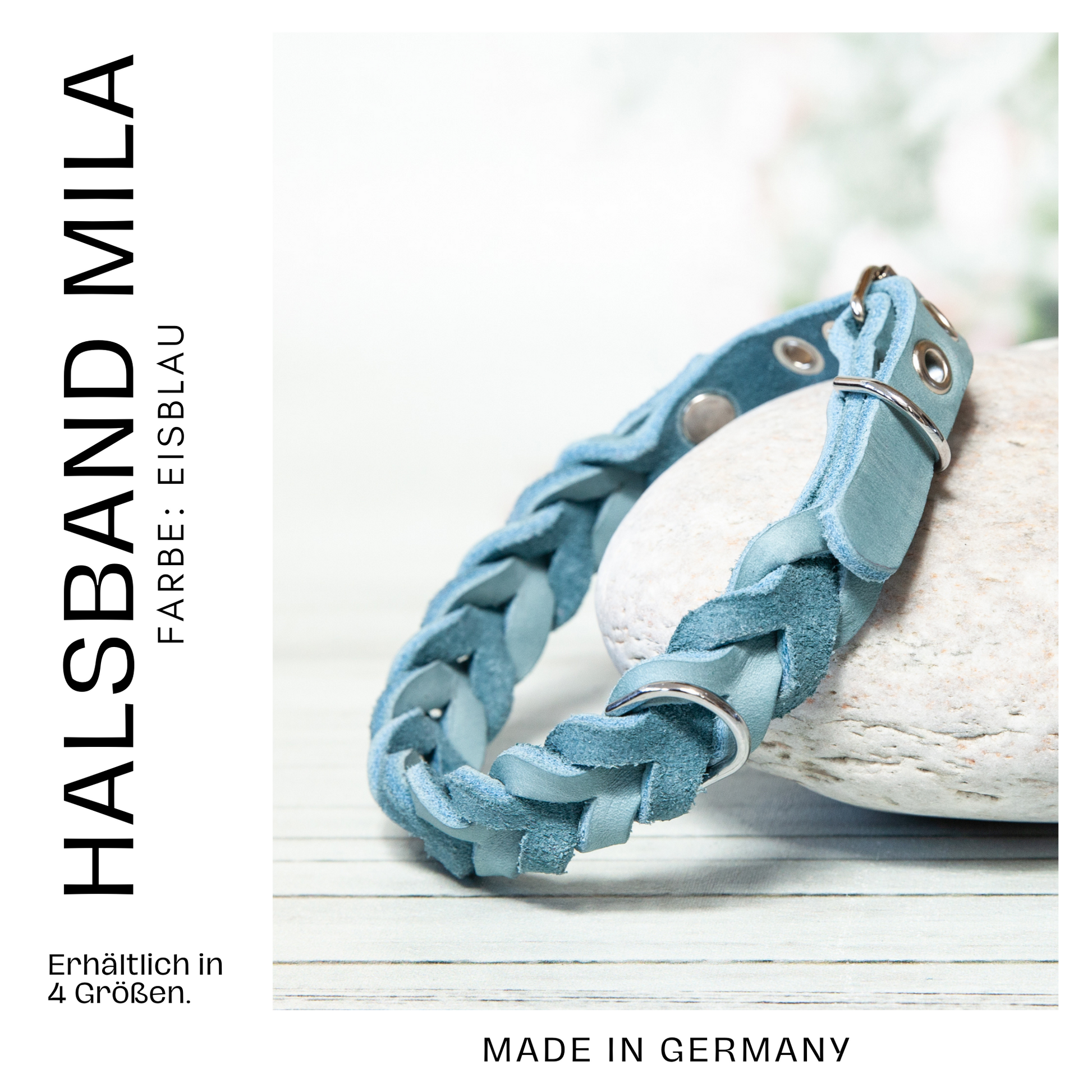 Elegantes Halsband MILA in Eisblau – stilvoll auf einem Stein inszeniert, handgefertigt in Deutschland und in vier Größen verfügbar.