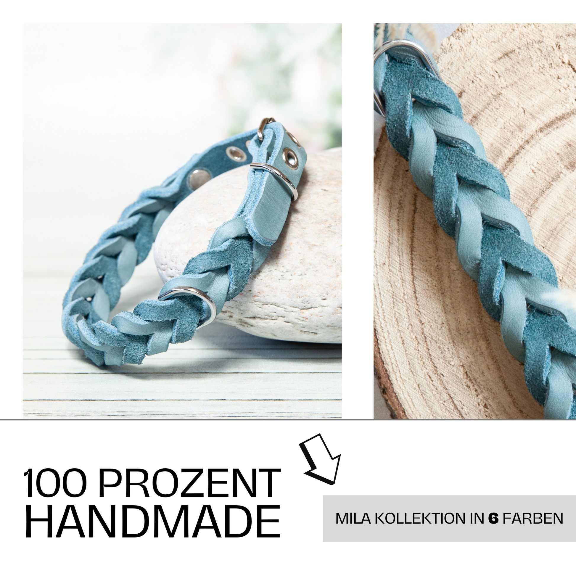 Zwei Perspektiven des handgemachten MILA Halsbands in Eisblau – Teil der vielseitigen Kollektion in sechs Farben.