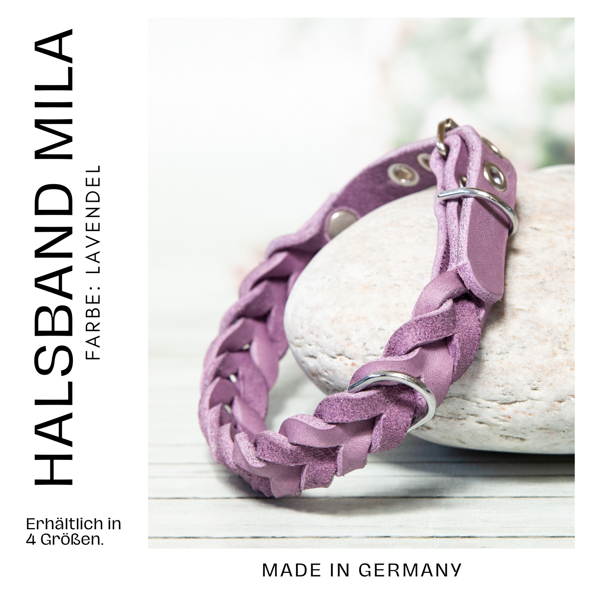 Halsband MILA in zartem Lavendel – dekorativ auf Stein platziert, handgefertigt in Deutschland und in vier Größen erhältlich.