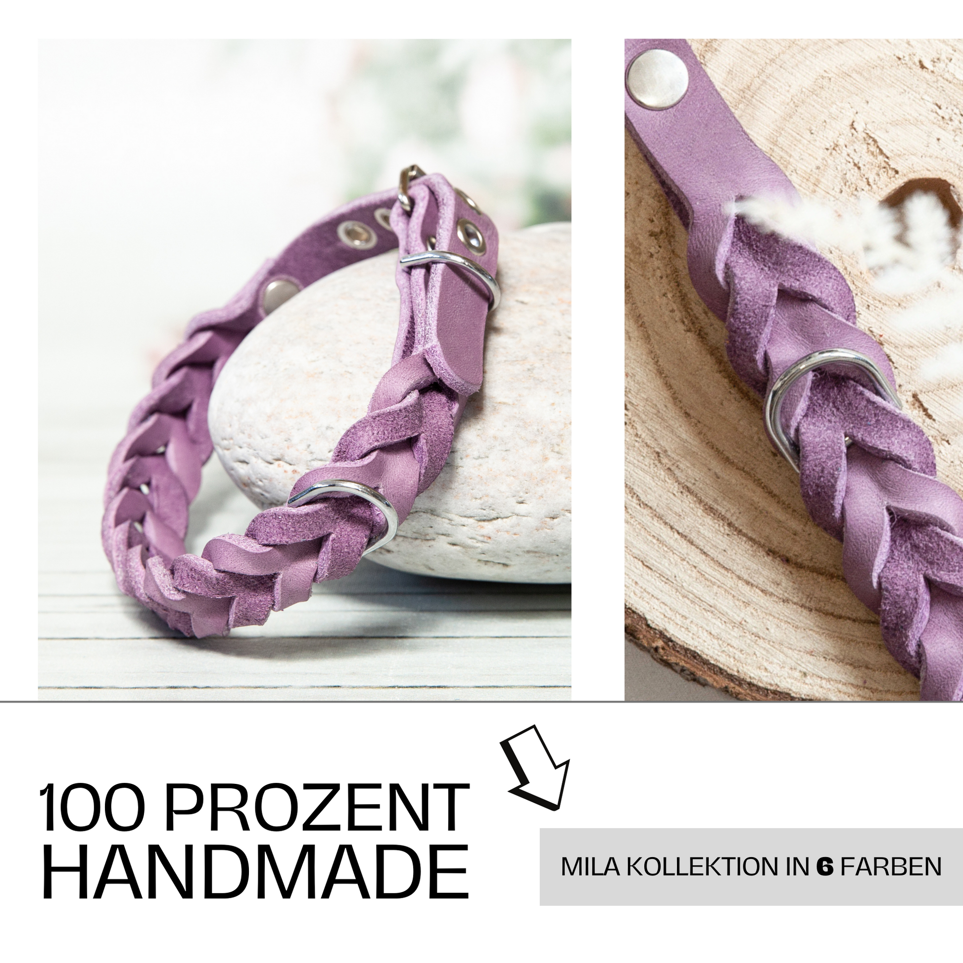 Zwei Perspektiven des lavendelfarbenen MILA Halsbands – liebevoll handgefertigt und Teil der farbenfrohen MILA-Kollektion.