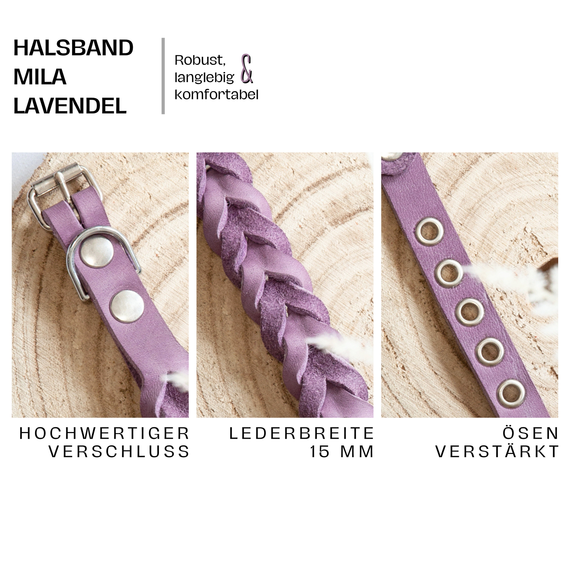 Detailfoto des MILA Halsbands in Lavendel – zeigt hochwertigen Verschluss, geflochtenes Leder mit 15 mm Breite und verstärkte Ösen für sicheren Halt.