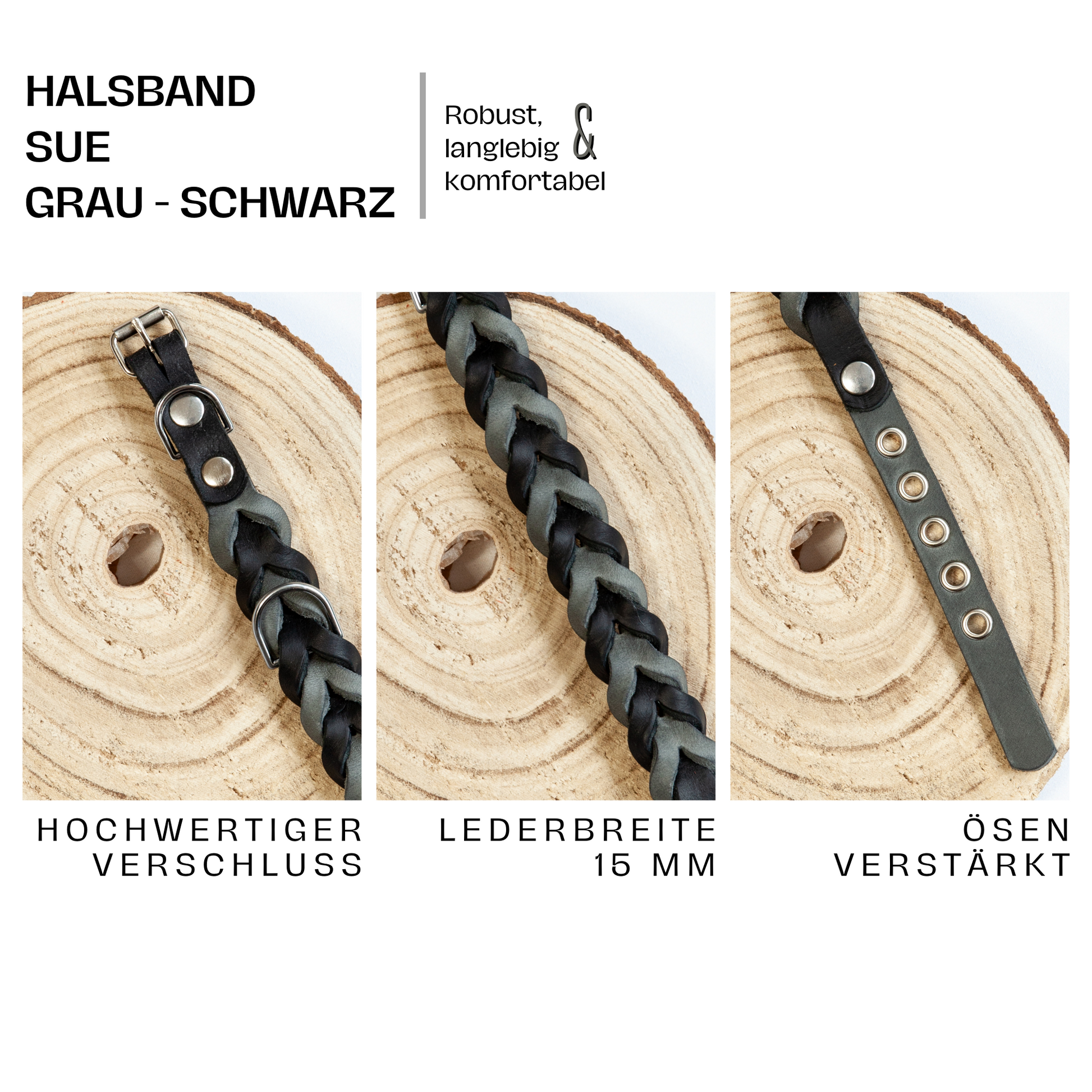 Dreiteilige Detailansicht des Lederhalsbands Sue in Grau-Schwarz mit stabilem Verschluss, geflochtenem Muster und verstärkten Ösen.
