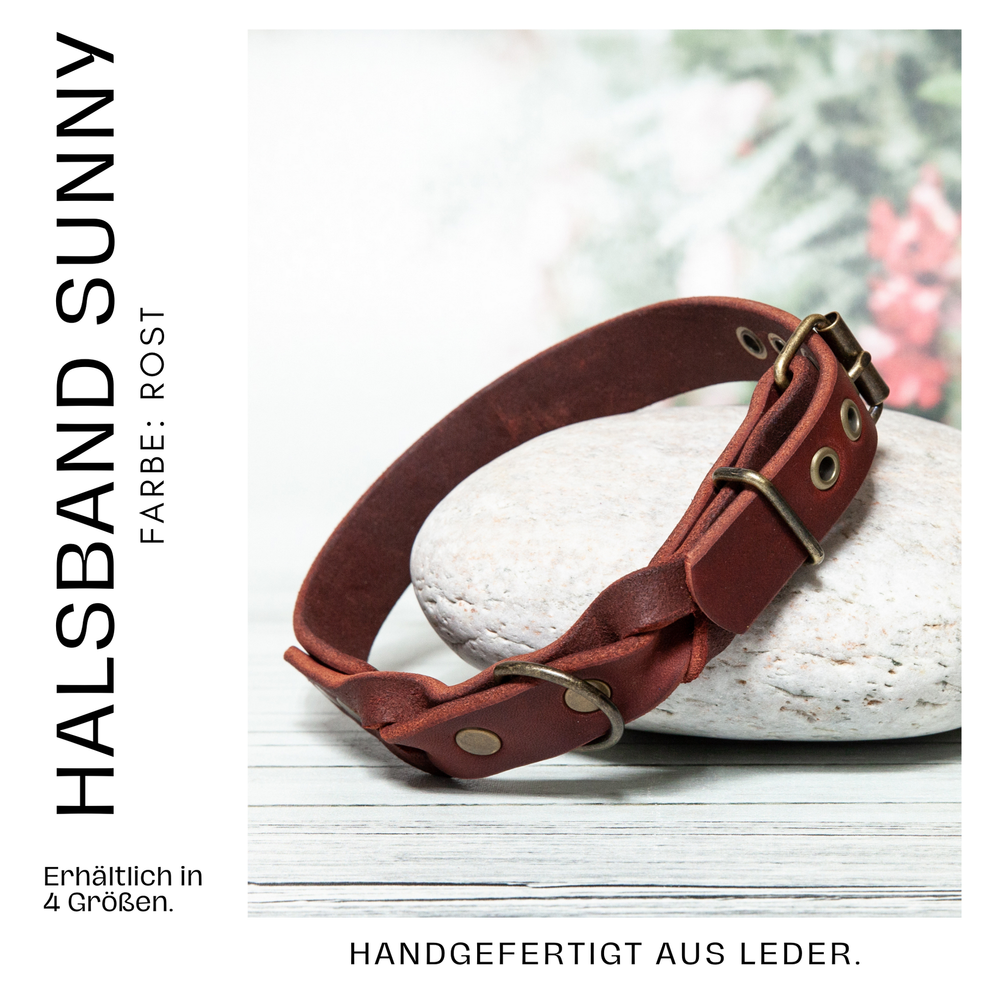 Rostfarbenes Lederhalsband Sunny für Hunde – handgefertigt, erhältlich in vier Größen.
