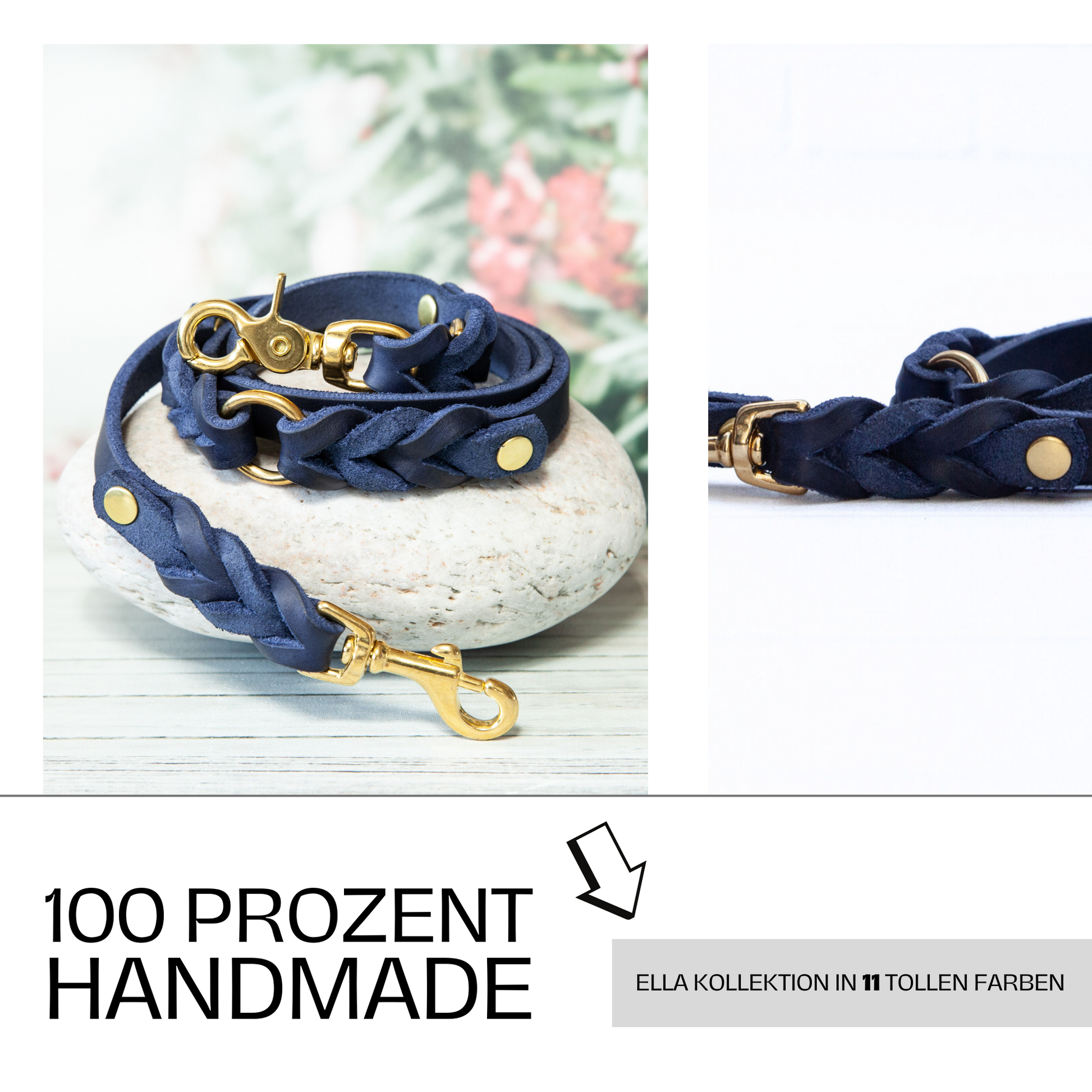 Handmade Hundeleine ELLA in Blau – Teil der 11-farbigen ELLA-Kollektion, gefertigt in deutscher Handarbeit.