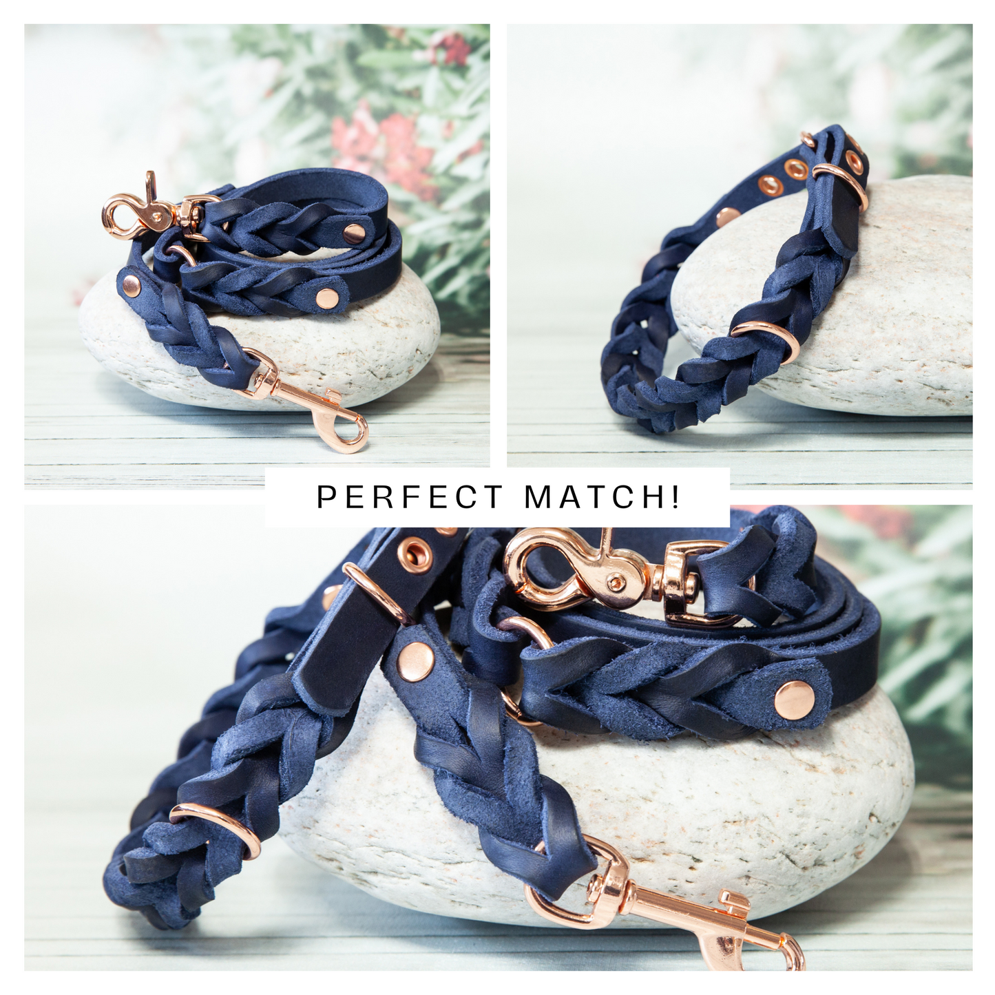 Perfektes Set aus Leine und Halsband ELLA in Blau mit goldfarbenem Karabiner – stilvoll und funktional.