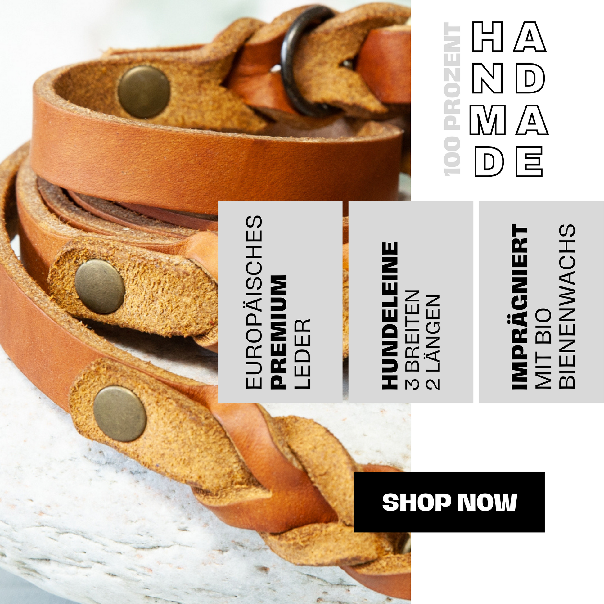 Shop-Now-Grafik der ELLA Hundeleine in Cognac – weiches Premiumleder mit natürlicher Oberfläche.