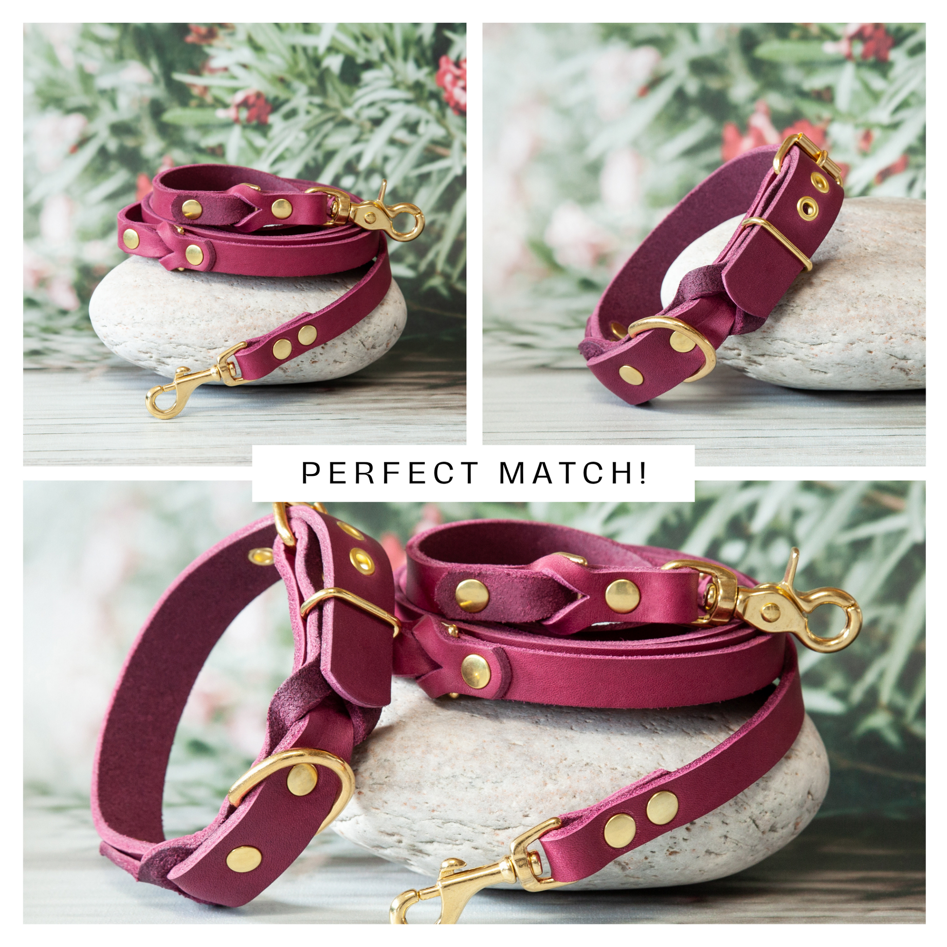 Harmonisches Set: Hundeleine und Halsband KIWI in Beere – edles Leder, perfekte Farbabstimmung, handgefertigt